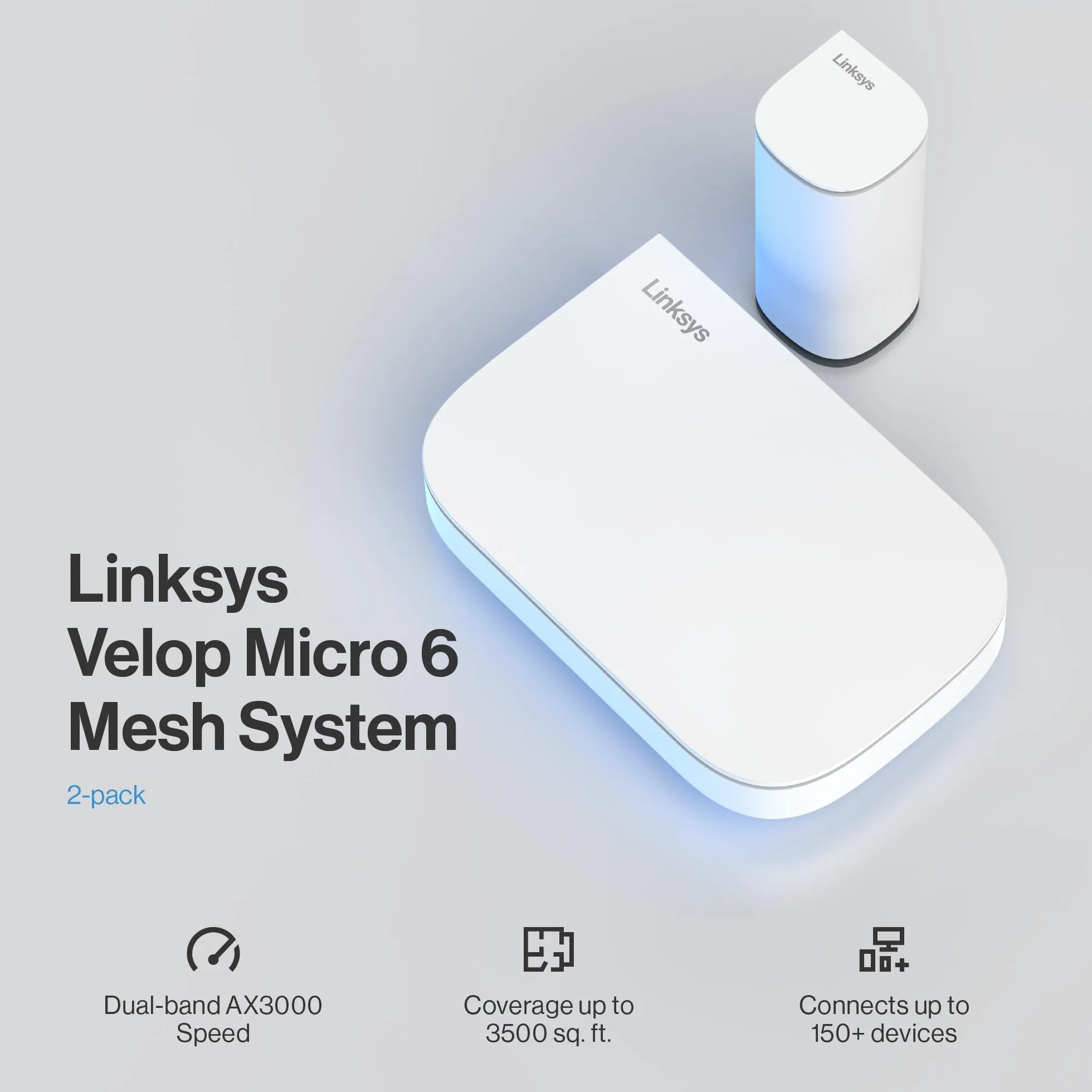 Linksys Velop Micro 6 Dual-Band Mesh WLAN system – WiFi 6 router o prędkości do 3 Gb/s do 325 m² i 150+ urządzeń – zastępuje router internetowy i przedłużacz, 2 sztuki w opakowaniu