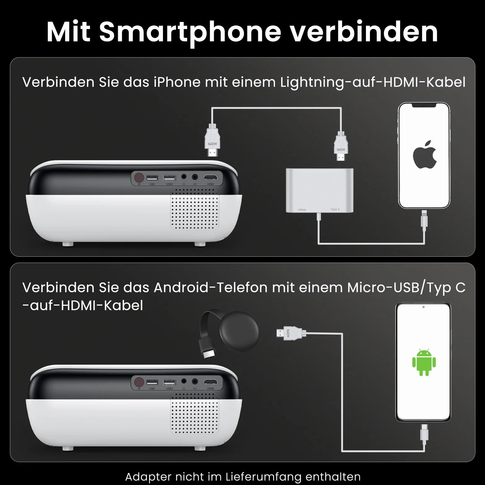 Mini projektor 4K, HAPPRUN H1 Full HD rzutnik z Bluetooth – natywny 1080P przenośny projektor na zewnątrz z głośnikiem, kompatybilny ze smartfonem, HDMI, USB, AV, TV-Stick, PS5 do kina domowego