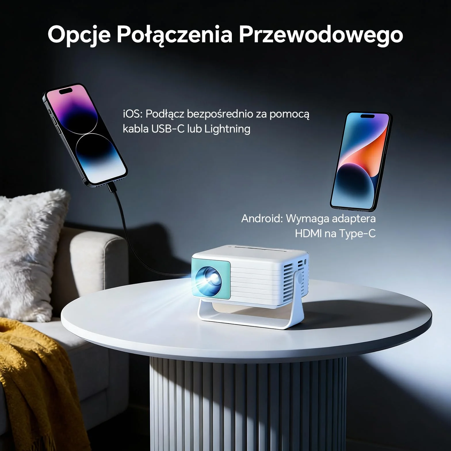 WOLFANG Mini Projektor, Przenośny Projektor z Obsługą Wejścia 1080P, Natywna Rozdzielczość 720P, Automatyczna Korekcja Keystone, Zoom 50% i Obrót 180°, Kompatybilny z iOS/Android/Laptopem/TV Stick