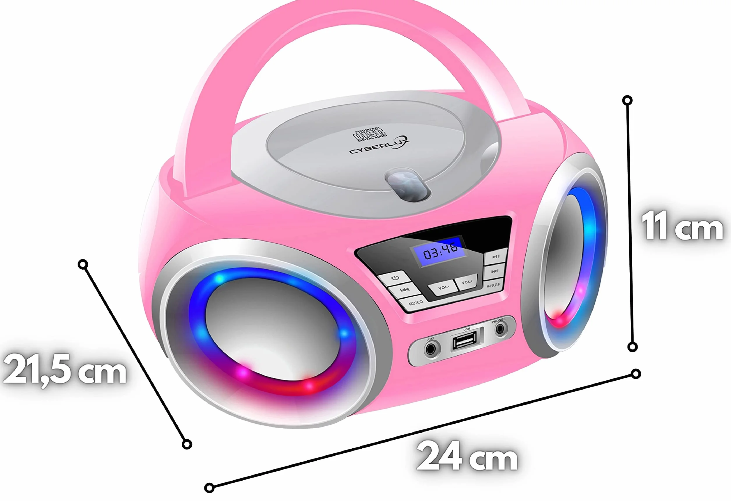 Cyberlux odtwarzacz CD z oświetleniem LED, gniazdo słuchawkowe, przenośne radio stereo, radio dla dzieci, system stereo, USB, odtwarzacz CD/MP3, radio FM, gniazdo słuchawkowe, wejście AUX, Pretty
