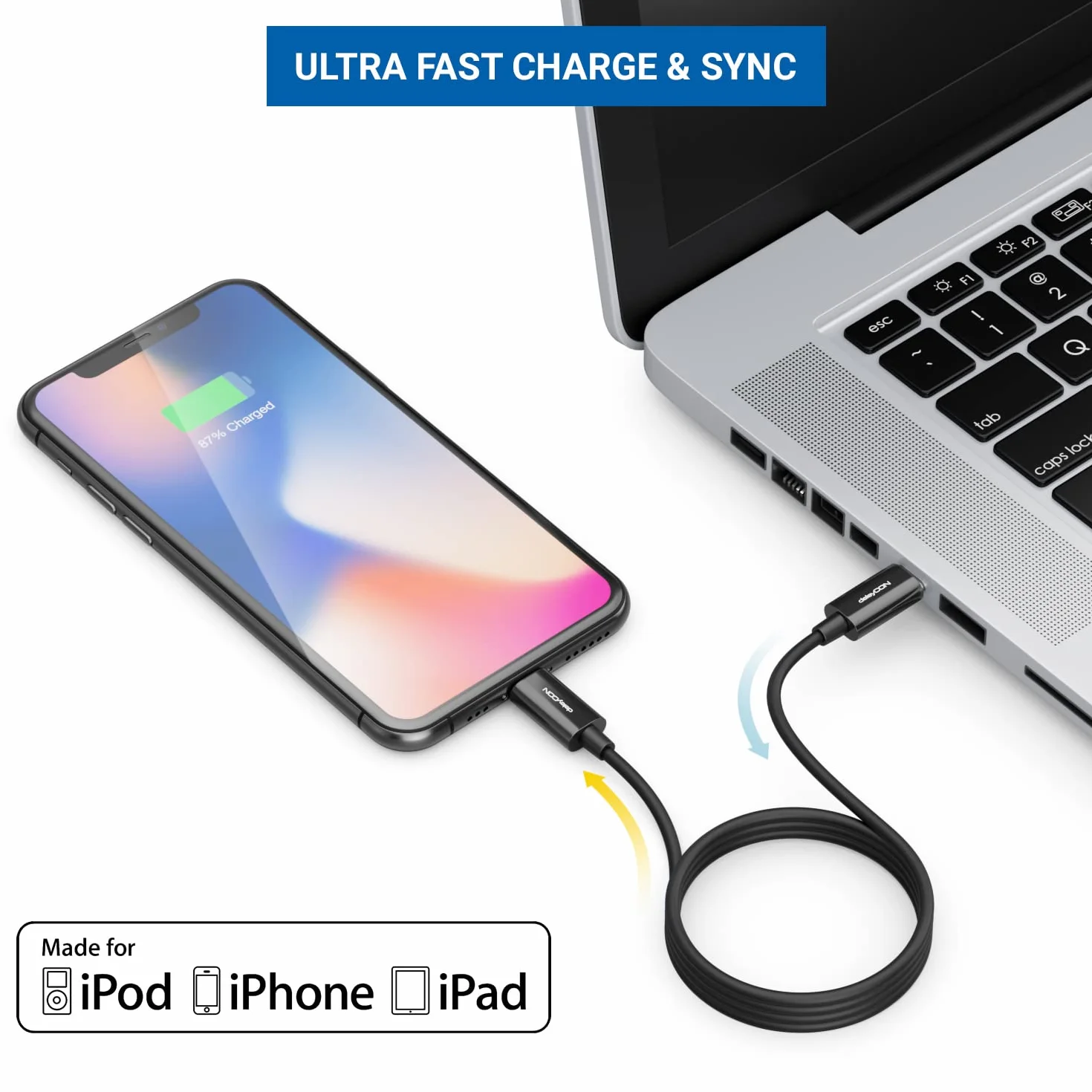 deleyCON 2m USB-C do Lightning 8 Pin Kabel do Ładowania do Transmisji Danych do Ultraszybkiego Ładowania Certyfikat MFi dla Apple iPhone 14 13 12 11 Pro Max Mini Power Delivery - Czarny