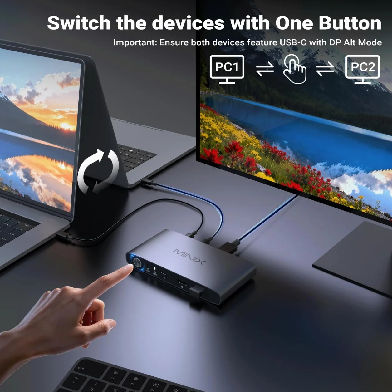 MINIX K1 przełącznik KVM USB C 2 komputery 4K 120 Hz HDR 100 W PD 3.0 aluminiowa konstrukcja