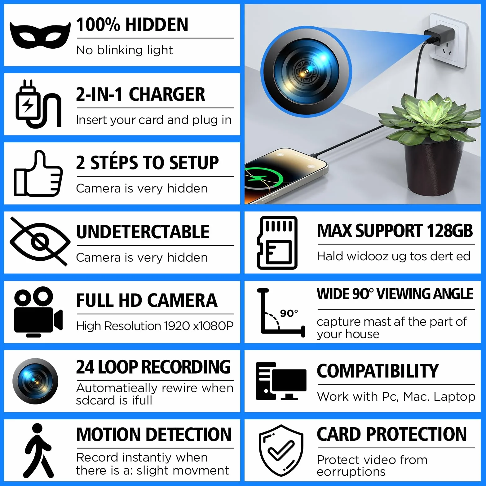 kamera szpiegowska 64GB, ukryta kamera z ładowarką USB, 1080P HD z wykrywaniem ruchu, noktowizorem, mini kamera do domu/biura, bez WiFi