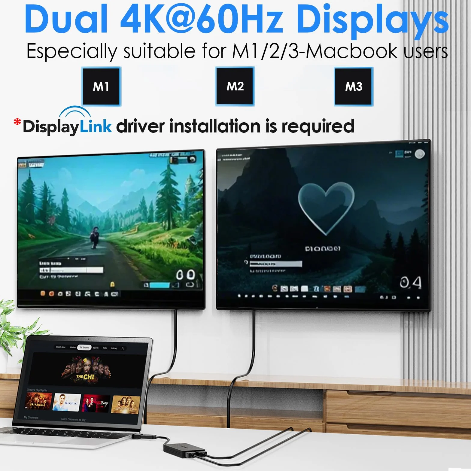 WAVLINK Adapter USB 3.0/C Displaylink Dual HDMI 4K 60 Hz do podwójnych monitorów, USB-A/C na HDMI 4K wyjście do Mac M1/M2/M3 lub Windows 10/11
