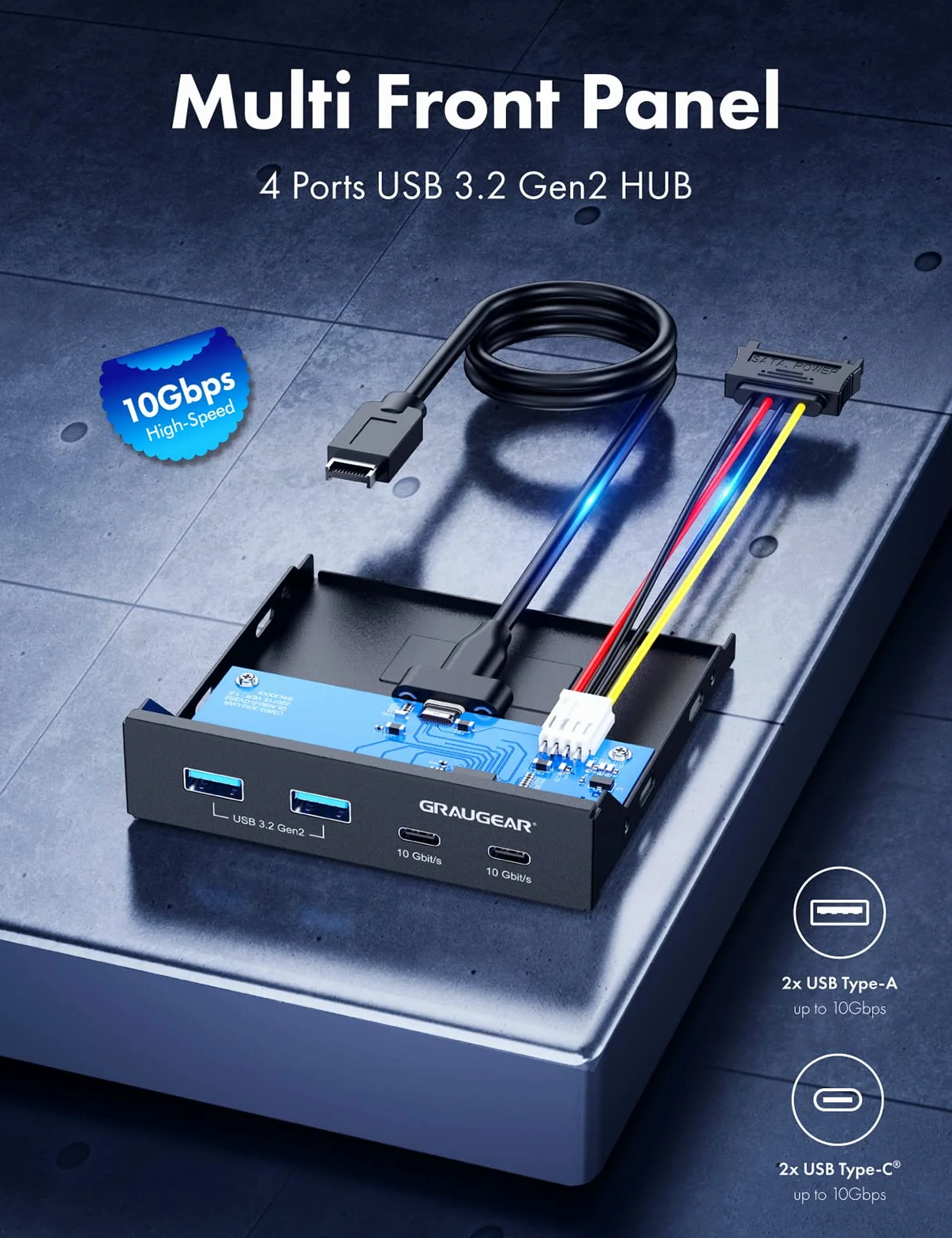 GRAUGEAR | 4 porty 10 Gbit/s panel przedni | 2 x USB-C+2X USB-A USB3.2 Gen2 HUB | osłona przednia do kieszeni 3,5 cala | USB3.2 Gen2 Key A 20-pinowy nagłówek | metal | G-MP02