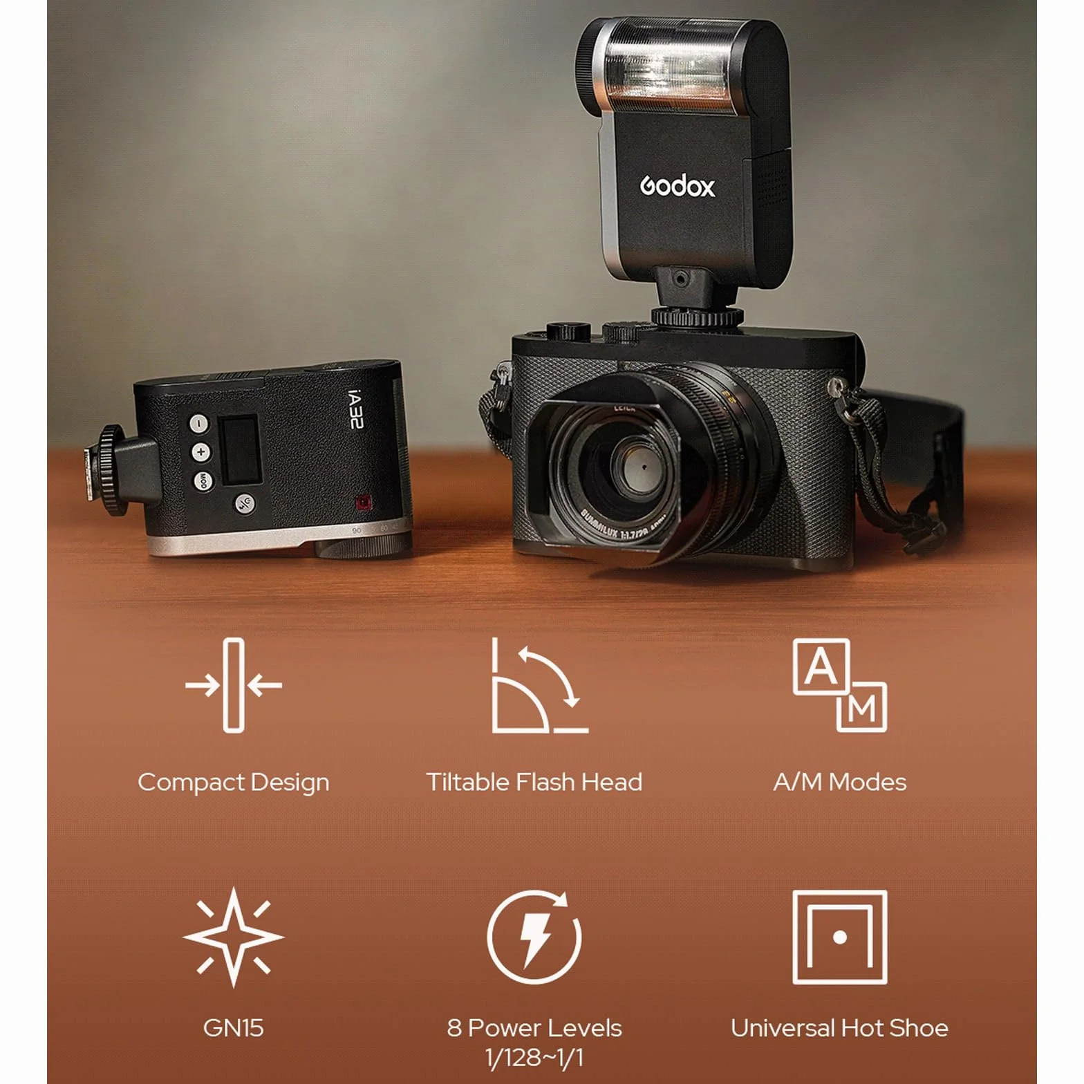 Godox iA32 iFlash kamera błyskowa Mini Speedlite GN15 A/M tryb z optycznym wyzwalaczem S1/S2 przechylana głowica lampy błyskowej do aparatu Fuji, Canon, Nikon, Sony, Olympus, Panasonic