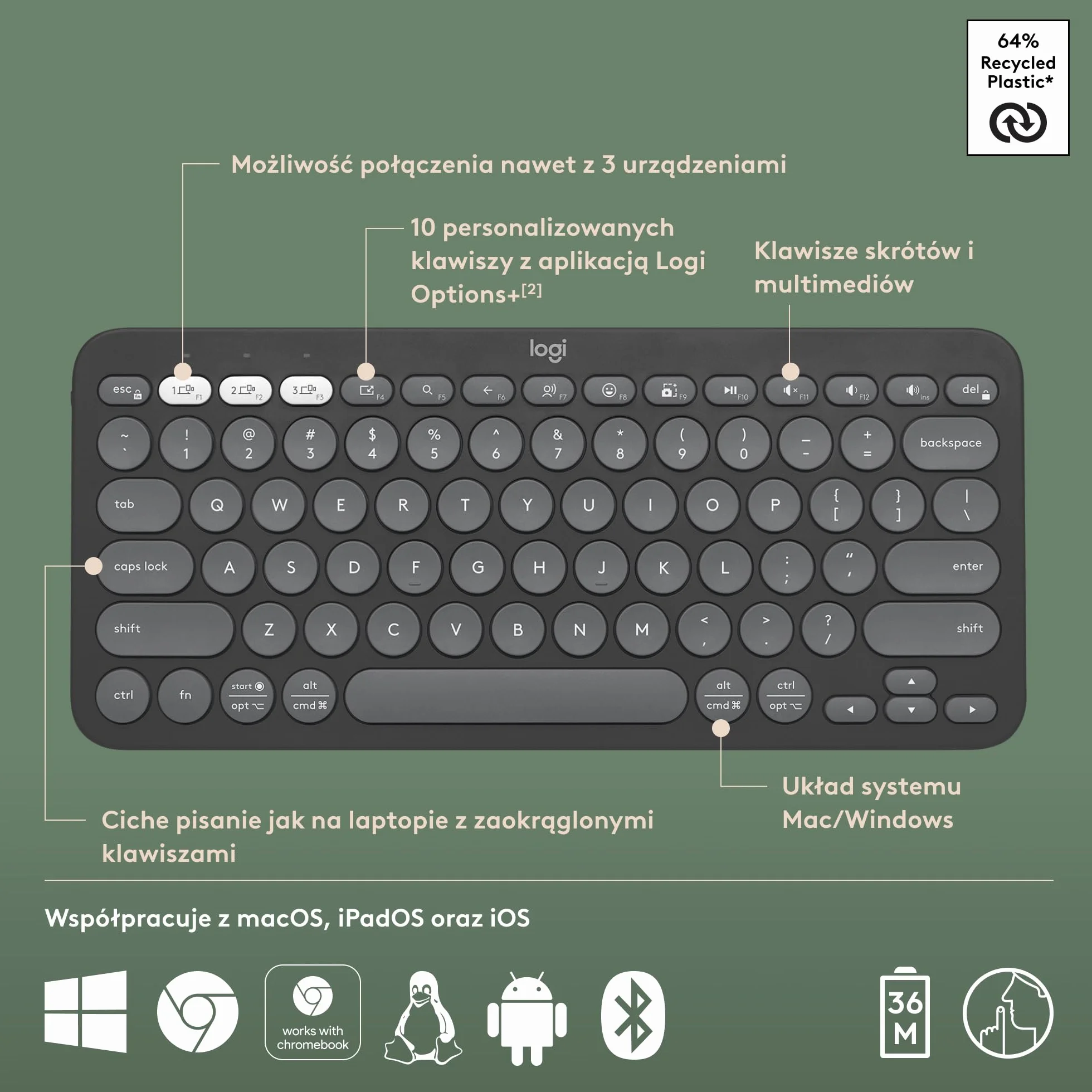 Logitech Pebble Keys 2 K380s Bezprzewodowa Klawiatura Bluetooth QWERTY Grafit