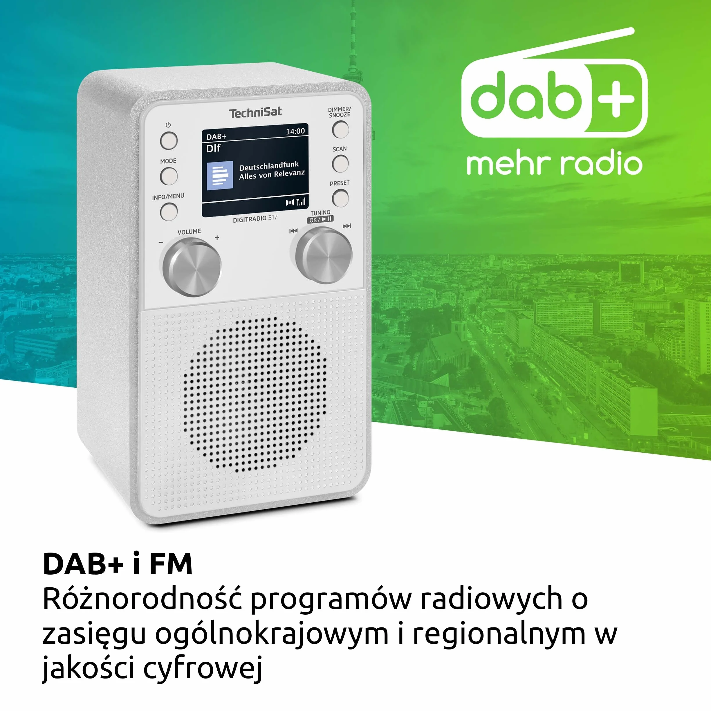 TechniSat DIGITRADIO 317 – pionowe radio DAB+ FM z funkcją strumieniowego przesyłania dźwięku przez Bluetooth, radiobudzik, wyłącznik czasowy, kolorowy wyświetlacz 2,4 cala, 3 W, białe