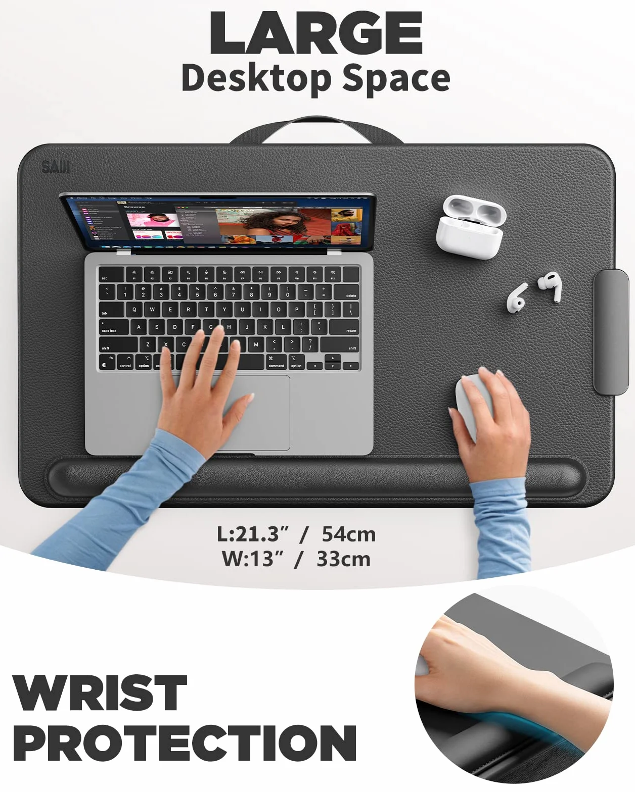 SAIJI Taca na laptopa antypoślizgowa skórzana 54 x 33 cm duża z szufladą podpórka pod nadgarstek uchwyt na telefon