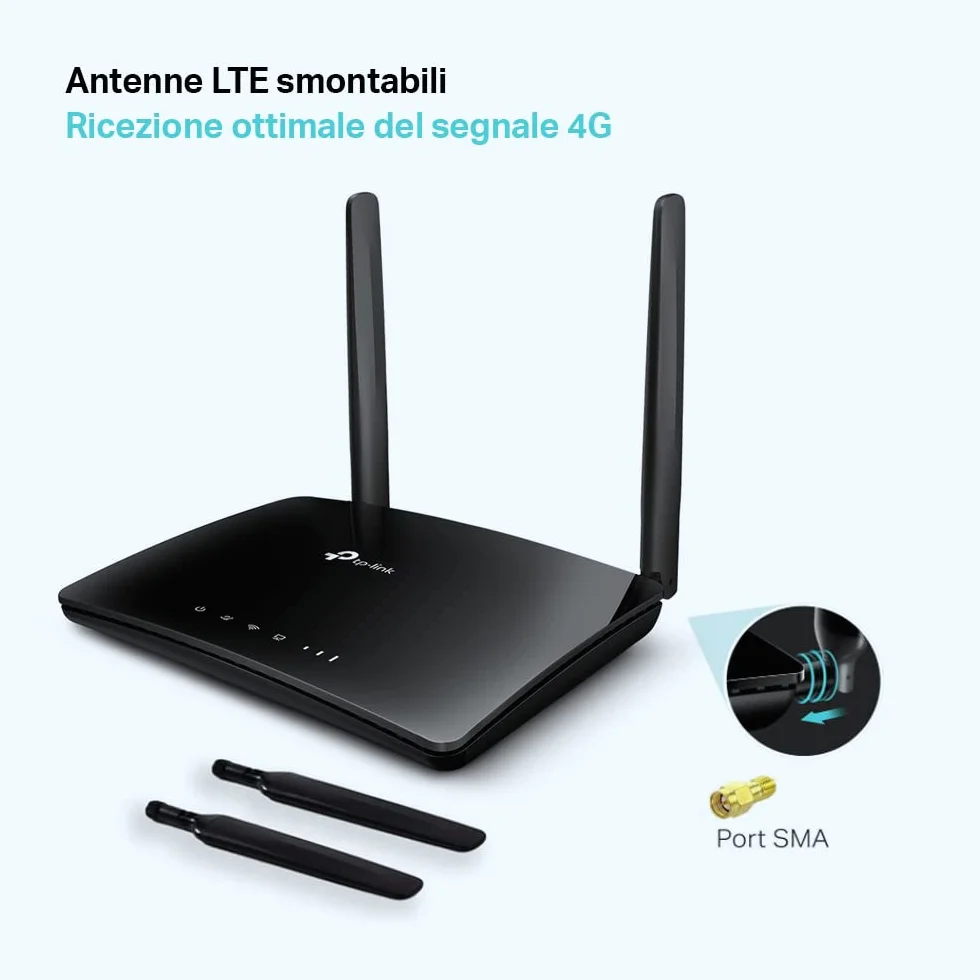 TP-Link TL-MR6400, Router 4G LTE z Gniazdem na Kartę SIM, Prędkość do 300 Mb/s (WiFi) i 150 Mb/s (LTE), Plug and Play, 2x Anteny Zewnętrzne, 4x Porty LAN/WAN, Kolor: Czarny