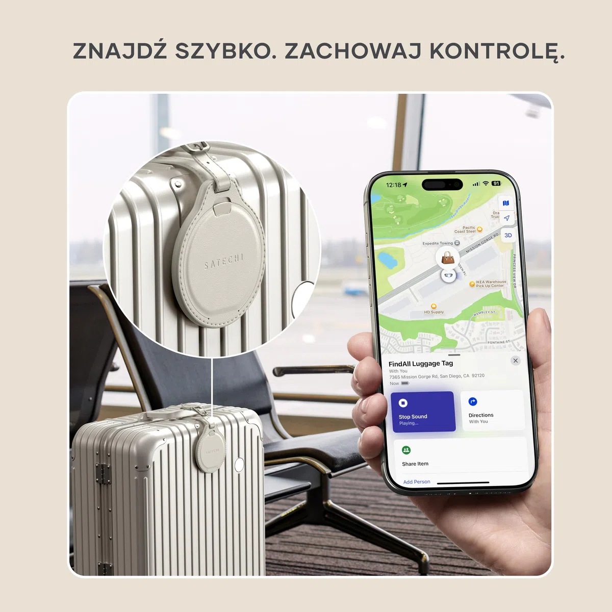 SATECHI FindAll Lokalizator Bagażu Z Funkcją Apple Find My, Ładowaniem Bezprzewodowym, Alertami Dźwiękowymi I GPS-Em Do Bagażu I Plecaka, Do iPhone 17 16 15, iPad, Mac I Innych Urządzeń – Beżowy