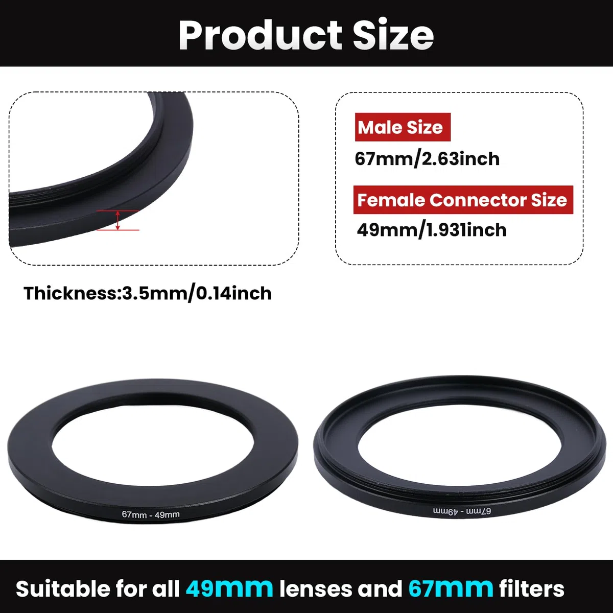 Metalowy adapter do filtra Step-Down Ring – 67 mm na 49 mm – metalowy pierścień step-down adapter do filtrów, kompatybilny ze wszystkimi 49 mm UV, CPL, ND, osłonami obiektywu, obiektywami gwintowanymi