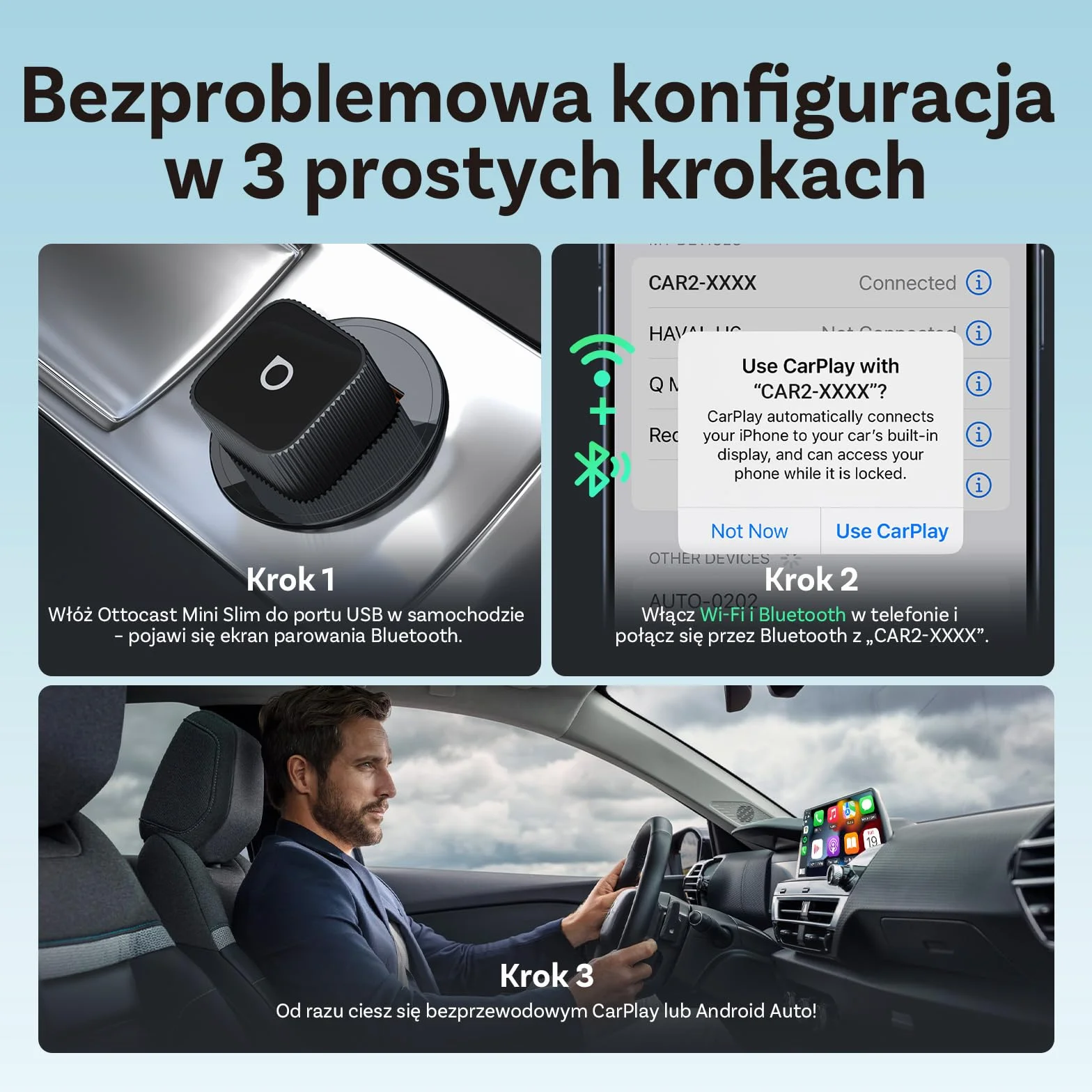 (2026 Ulepszona) OTTOCAST Bezprzewodowy Adapter CarPlay i Android Auto 2 w 1, Ottocast Mini Slim dla iOS 10+ i Android 11+, Wielu Użytkowników, Plug & Play, Szybkie Połączenie