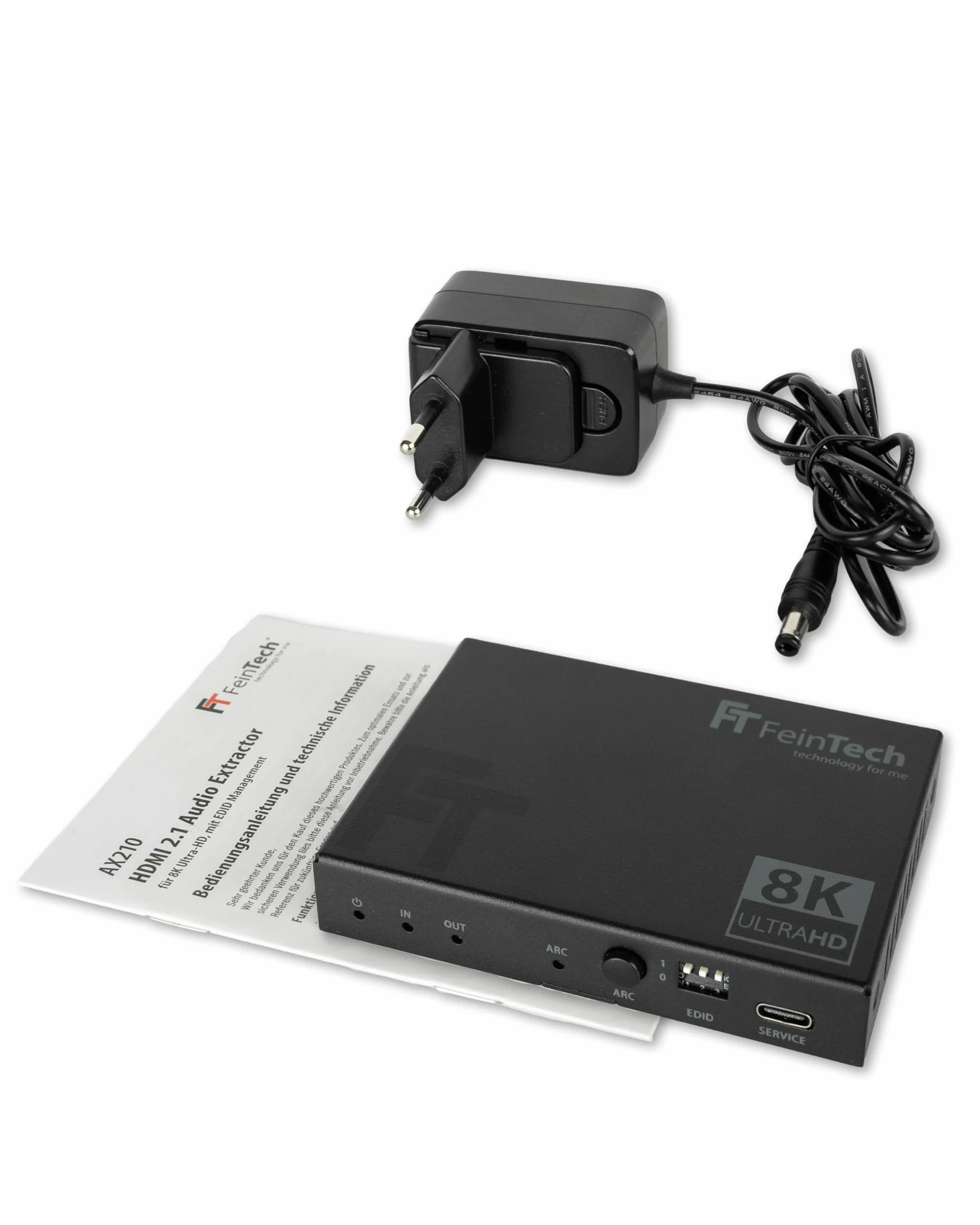 FeinTech AX210 ekstraktor audio HDMI 2.1 4K 120Hz 8K VRR ALLM, HDMI-Out + audio (optyczny Toslink 5.1 + AUX stereo), CEC-Pass i ARC, obsługa TV do systemu dźwiękowego