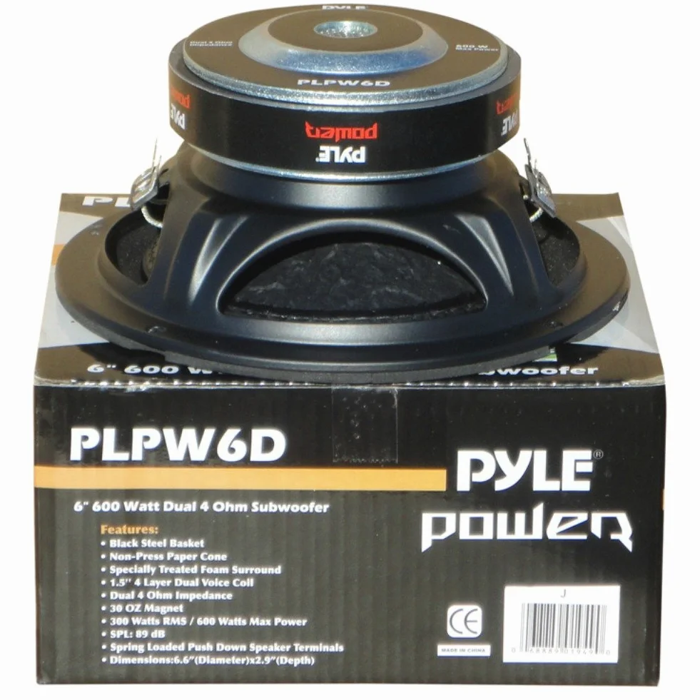 1 subwoofer PYLE PLPW6D 16,5 cm 6,5" 300 wat rms 600 wat max podwójna podwójna cewka 4 + 4 ohm dvc do pokrywy bagażnika samochodu, 1 sztuka