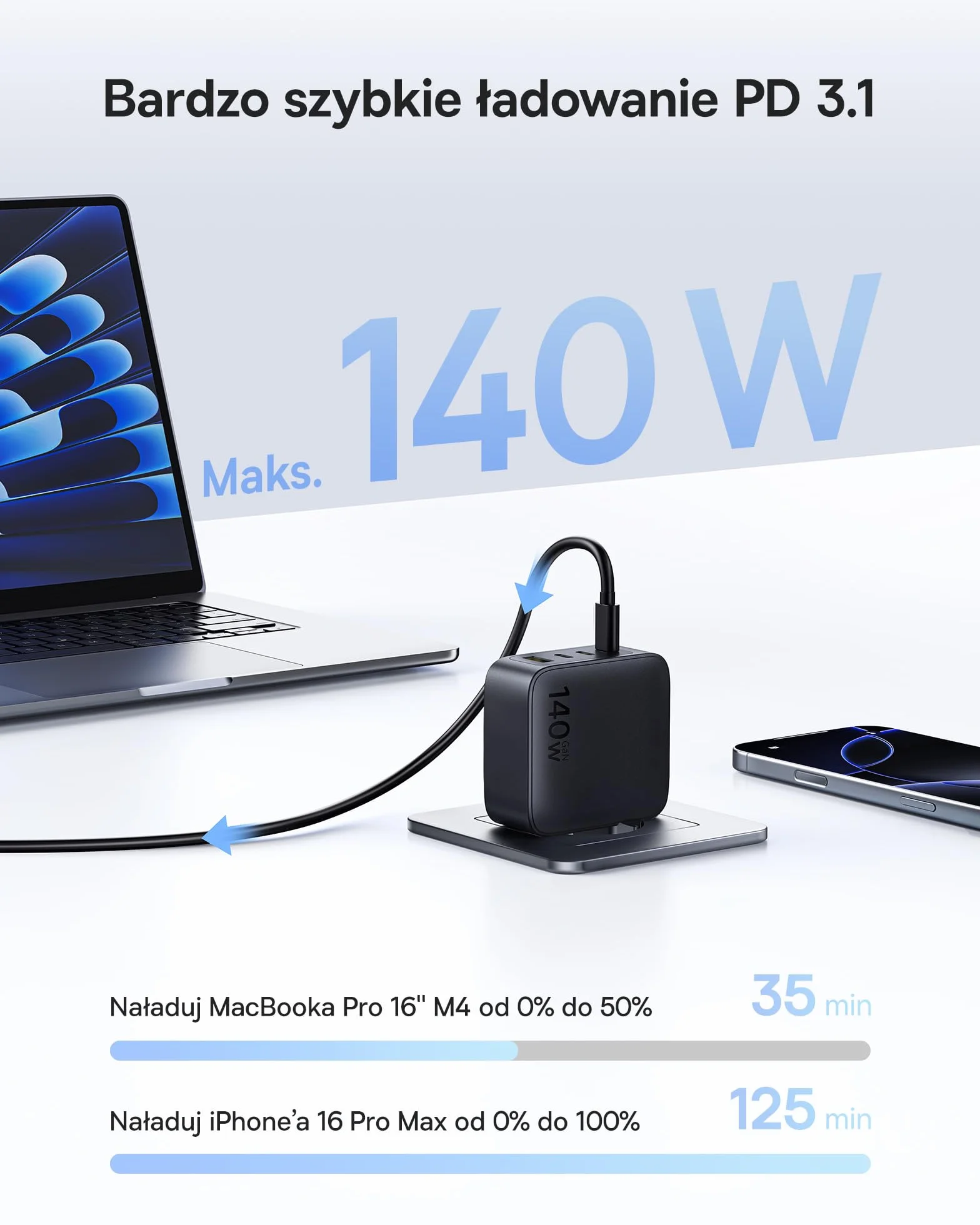 Baseus Enerfill Ładowarka USB C 140W, 4-Portowy Zasilacz USB C, Ładowarka PD Z PPS, GaN Szybka Ładowarka Kompatybilna Z MacBook Pro/Air, IPad, Laptopem, iPhone 17/16/15/14/13/12, Galaxy S25