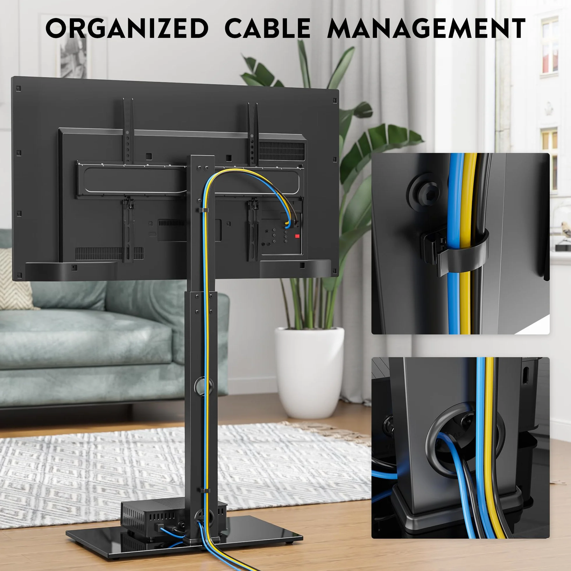 BONTEC Stojak Podłogowy TV 30-70 cali Obrót ±37° Regulacja Wysokości Max Udźwig 40 kg VESA 75x75-600x400 mm Szklana Podstawa