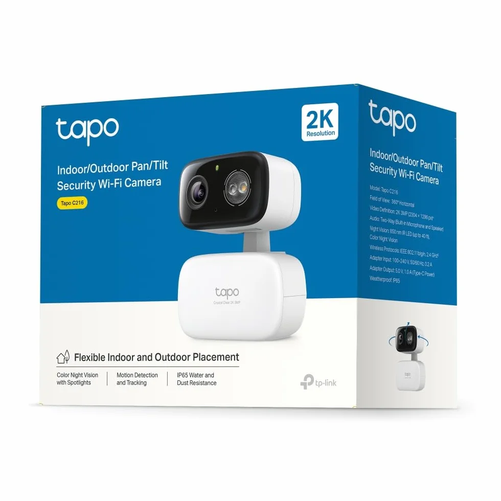 Tapo C216 mini kamera monitoringowa z nagrywaniem, 2K 3 MP, zasięg 360°, do użytku wewnątrz i na zewnątrz, rozpoznawanie sztucznej inteligencji i powiadomienia, karta microSD do 512 GB, 105,3 × 77,8 ×