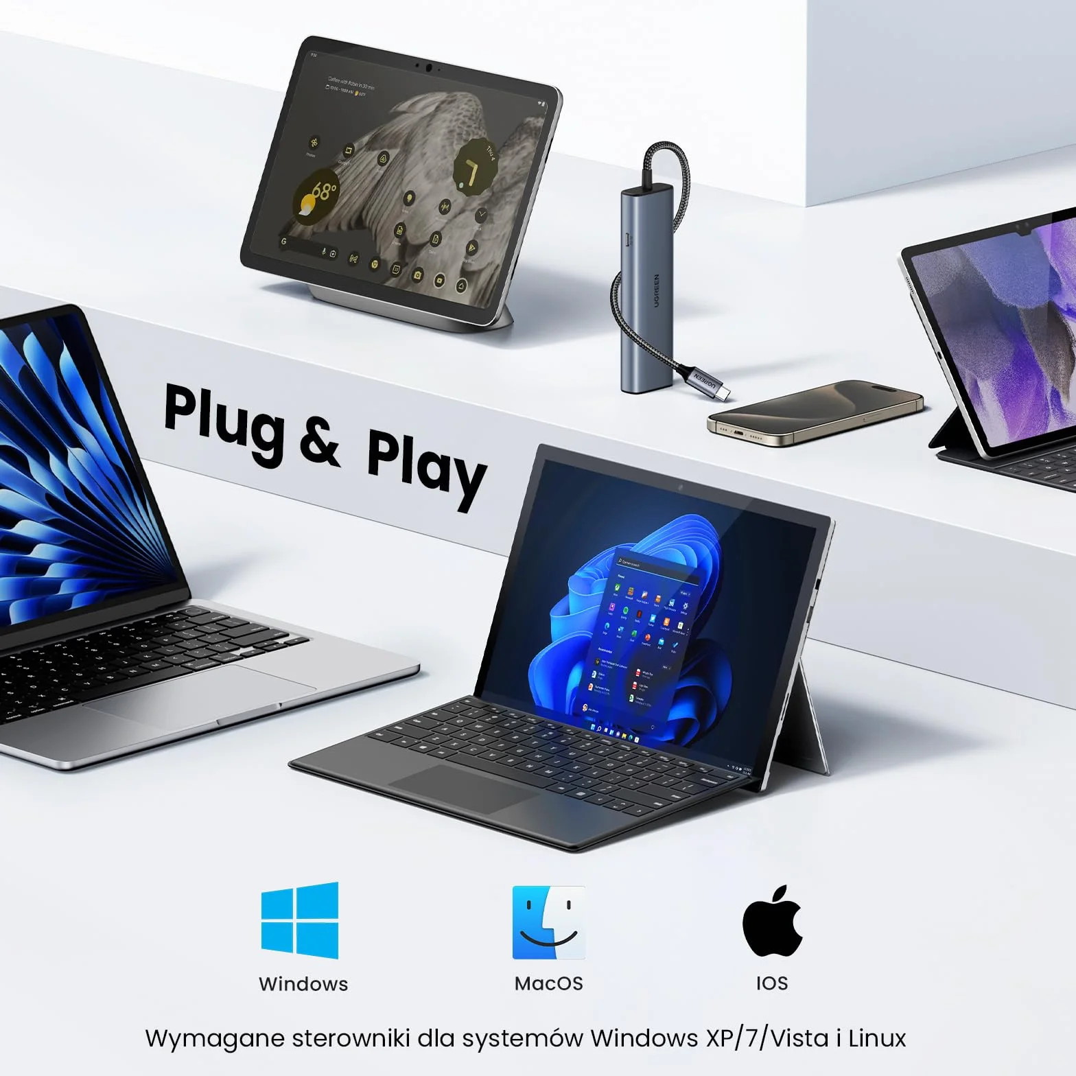 UGREEN Hub Ethernet USB C, adapter Ethernet 10 Gb/s USB 3.2 z 2 portami USB-C, 2 x port USB-A i 1 x adapter sieciowy RJ45 Gigabit LAN do Thunderbolt 3/laptopa/iPhone'a/iPada/tabletu/switcha/Steam Deck