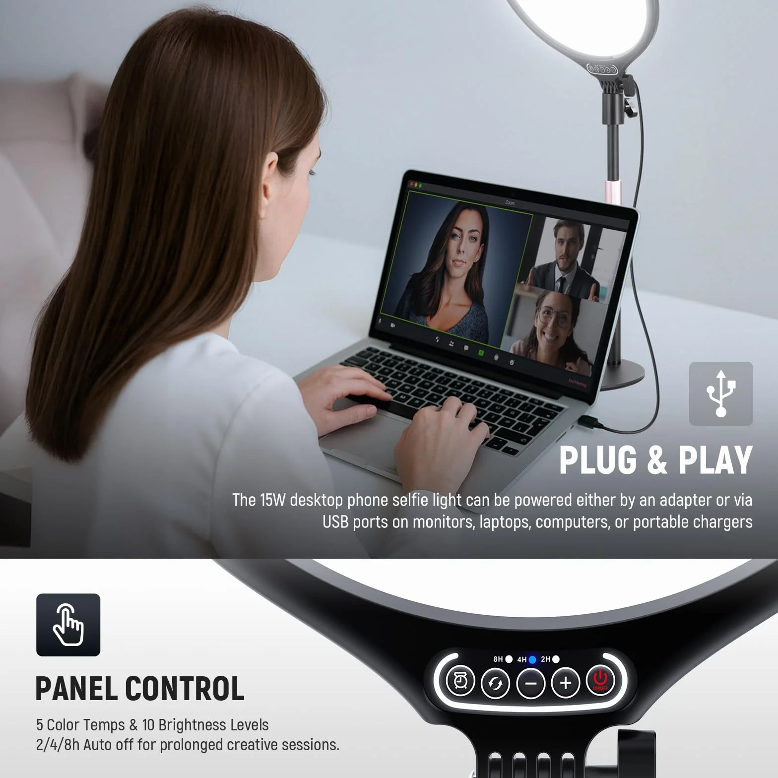 NEEWER Basics 10,5" lampka na biurko w stojak/uchwyt na telefon/timer, Full Screen 15 W przyciemniany panel LED do selfie oświetlenie do nagrywania iPhone streaming, laptopa, kamera internetowa, wideo