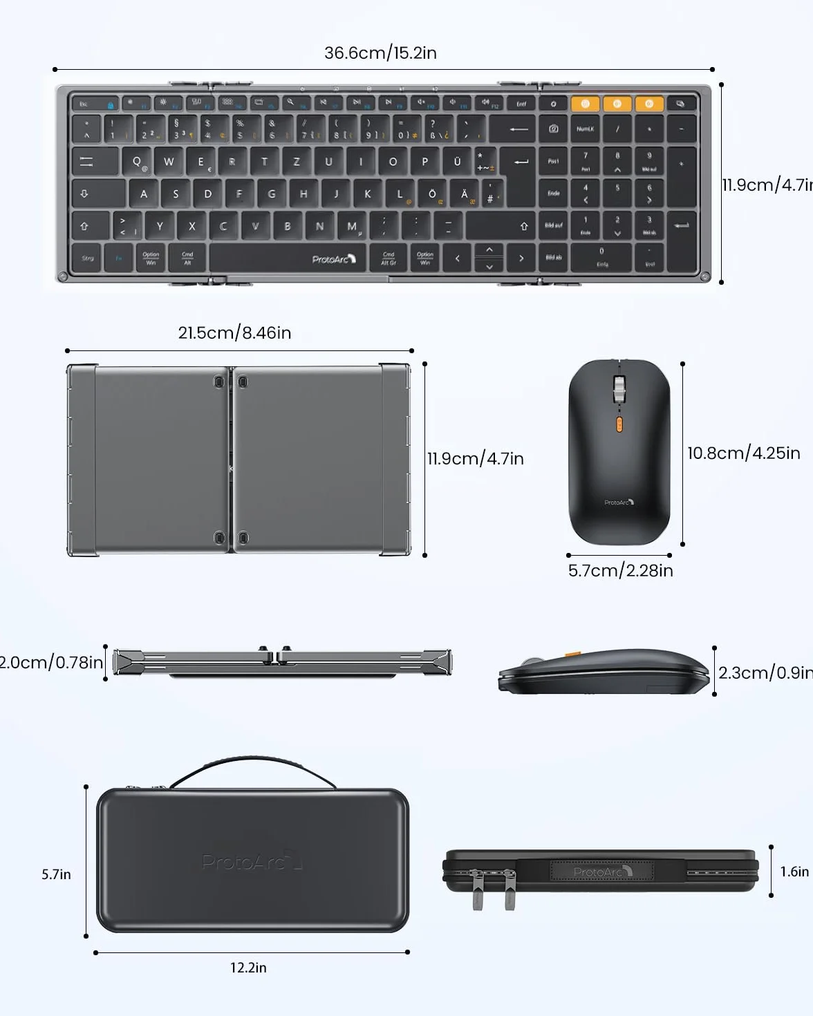 ProtoArc Składana klawiatura bezprzewodowa i mysz, XKM01 klawiatura Bluetooth, składana mysz, 2,4 G + Dual Bluetooth, pełnowymiarowa, mobilna klawiatura, układ QWERTZ, do iPada, tabletu, iPhone'a