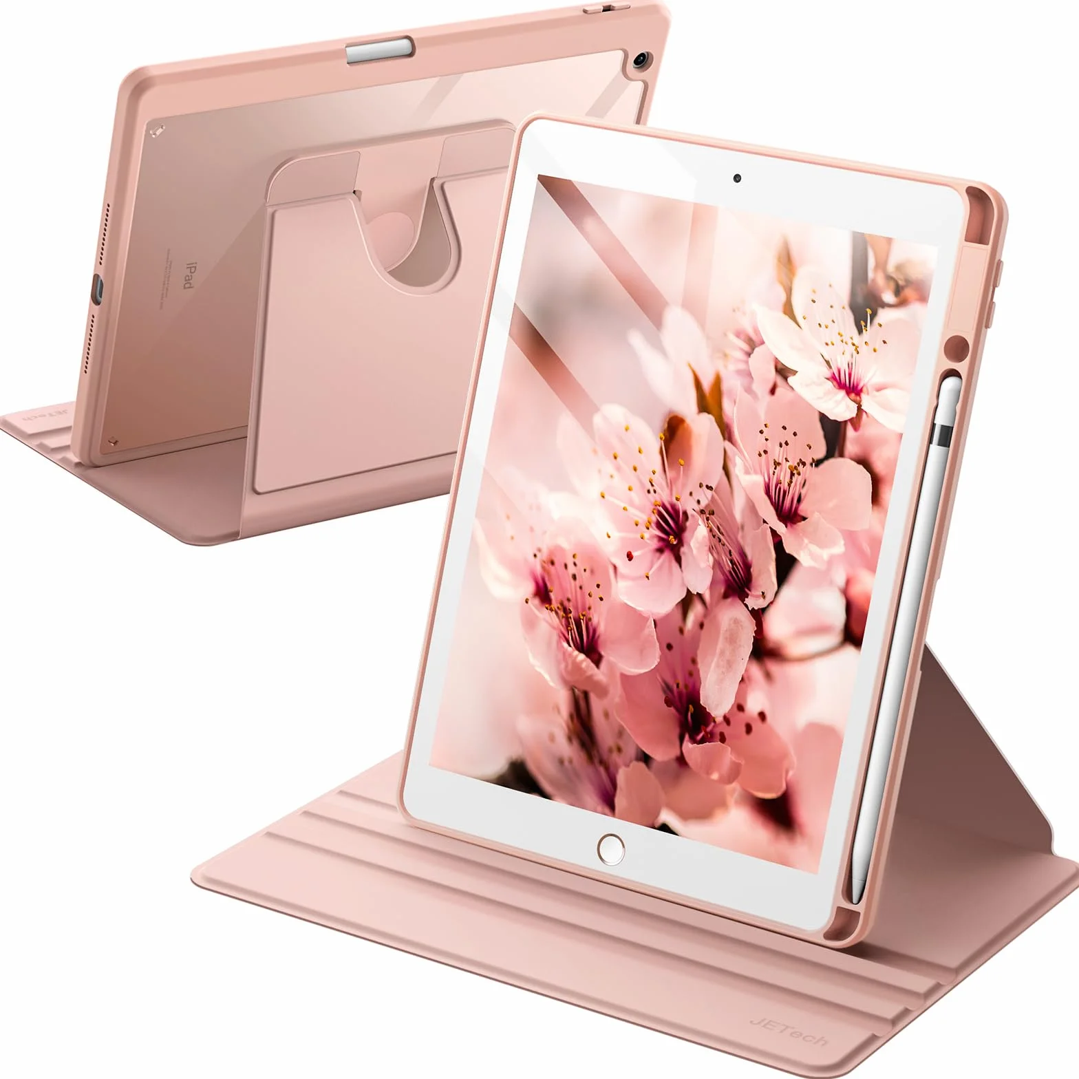 JETech Obrotowe Etui dla iPad 9/8/7 (10,2 Cala, Modelu 2021/2020/2019, 9./8./7. Generacji) z Pencil Uchwyt, Case z Obrotowa o 360 Stopni Pokrywa Stojaka Ochronnego Przezroczysty Tył (Różowe Złoto)