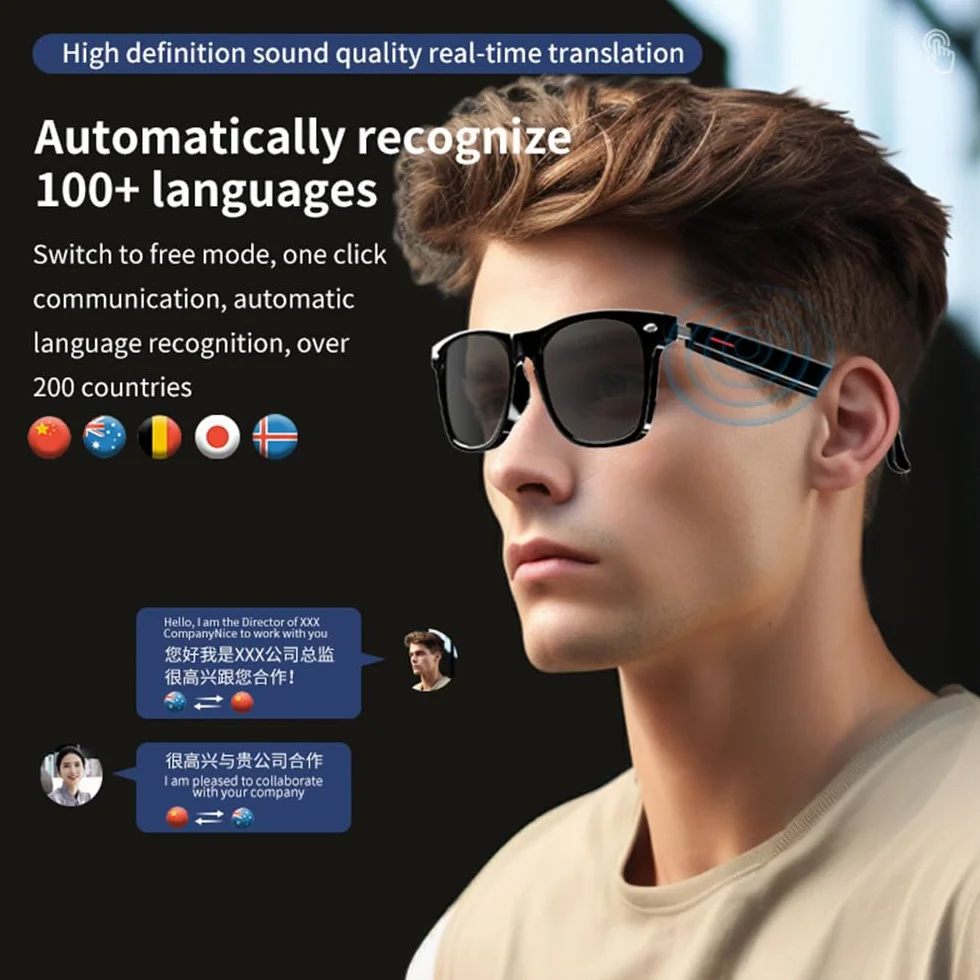 Inteligentne okulary AI dla mężczyzn/kobiet - Bluetooth z tłumaczeniem, redukcja szumów, filtr niebieskiego światła i wymienne soczewki (czarny/niebieski/różowy) do biura / na zewnątrz - czarne