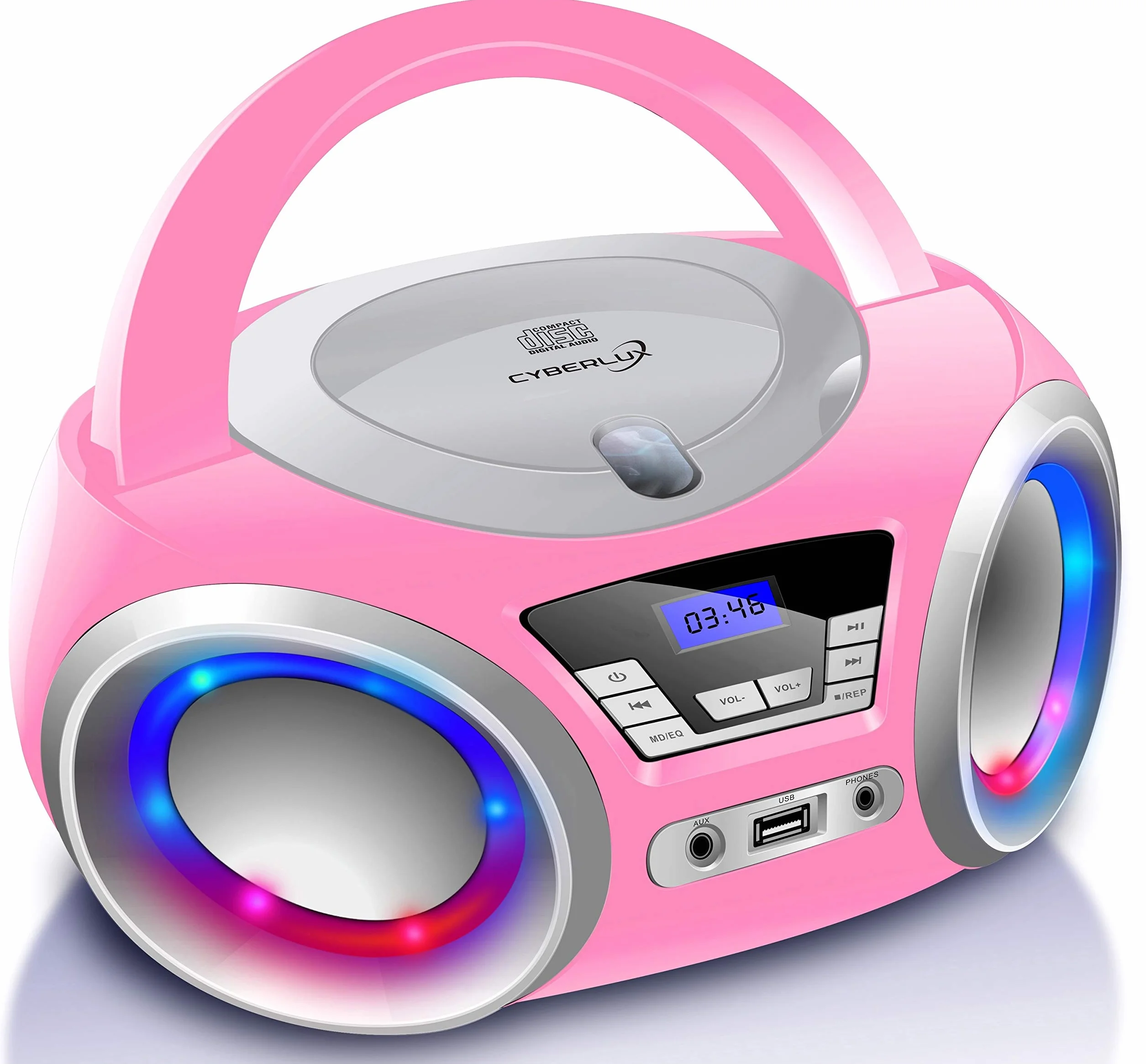 Cyberlux odtwarzacz CD z oświetleniem LED, gniazdo słuchawkowe, przenośne radio stereo, radio dla dzieci, system stereo, USB, odtwarzacz CD/MP3, radio FM, gniazdo słuchawkowe, wejście AUX, Pretty