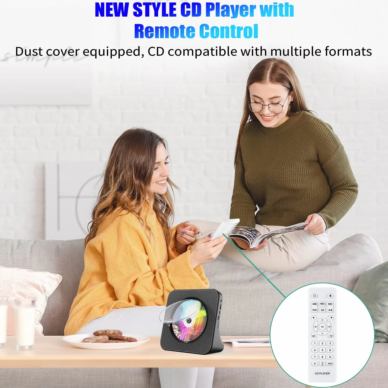 Gueray Desktopowy odtwarzacz CD z Bluetooth, Radio FM, USB-C, wbudowane głośniki HiFi, LED, czarny