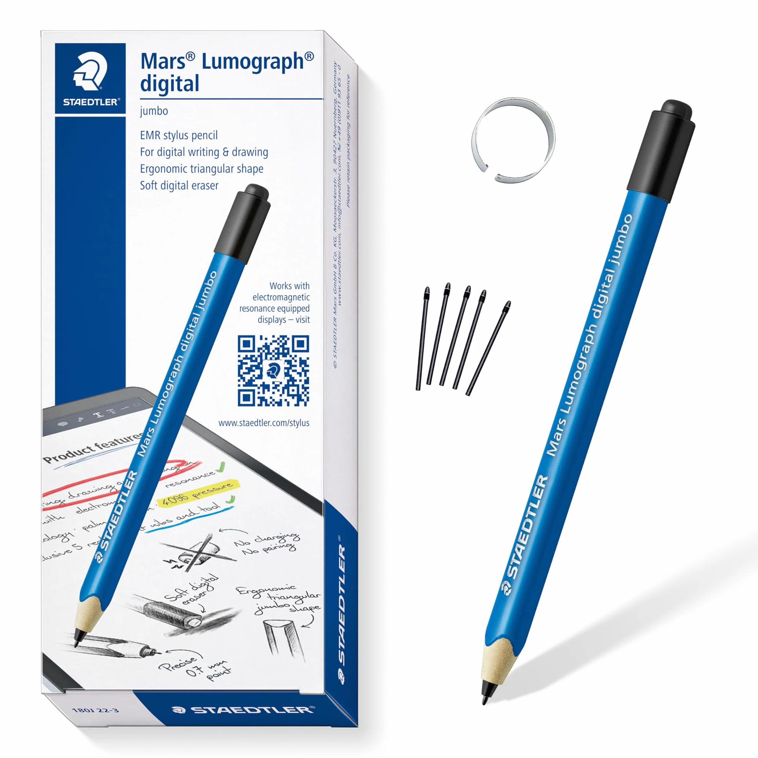 Staedtler Mars digital Jumbo 180J 22. EMR Stylus z miękką cyfrową gumką. Rysik do cyfrowego pisania, rysowania i mazania na ekranach dotykowych EMR (4096 poziomów ciśnienia, końcówka 0,7 mm)