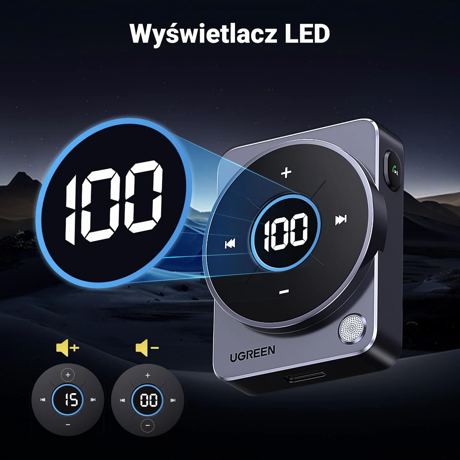 UGREEN Adapter Aux Bluetooth 5.4 do samochodowego adaptera Aux Bluetooth jack 3,5 mm, zestaw głośnomówiący z odbiornikiem Bluetooth 20 godzin odtwarzania dla radia samochodowego/systemu stereo