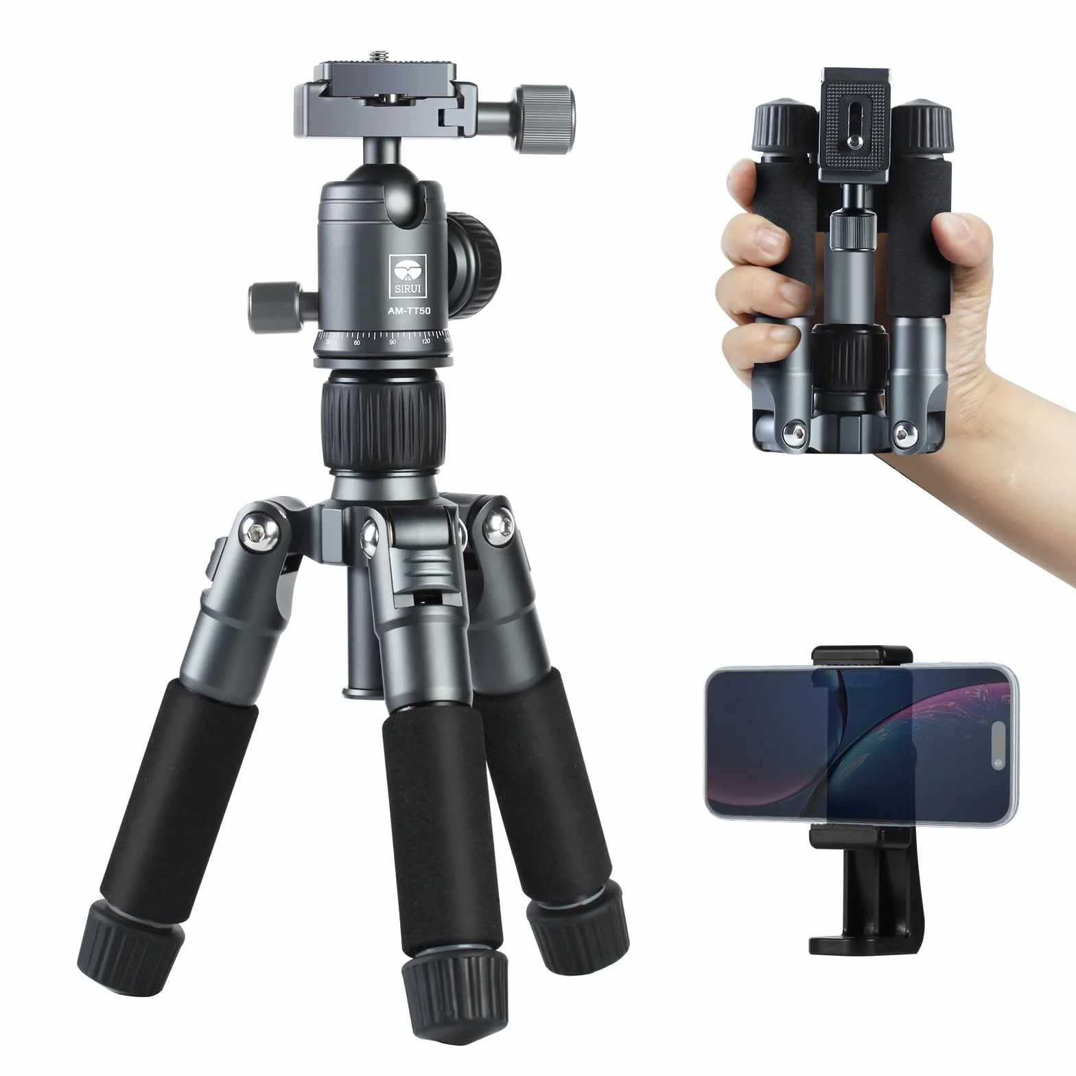 SIRUI Kompaktowy mini statyw biurkowy, 50.8 cm aluminiowy przenośny mały statyw stołowy z głowicą kulową 360° do telefonu z aparatem DSLR, ładowany do 10 kg, uchwyt na telefon w zestawie, AM-TT50