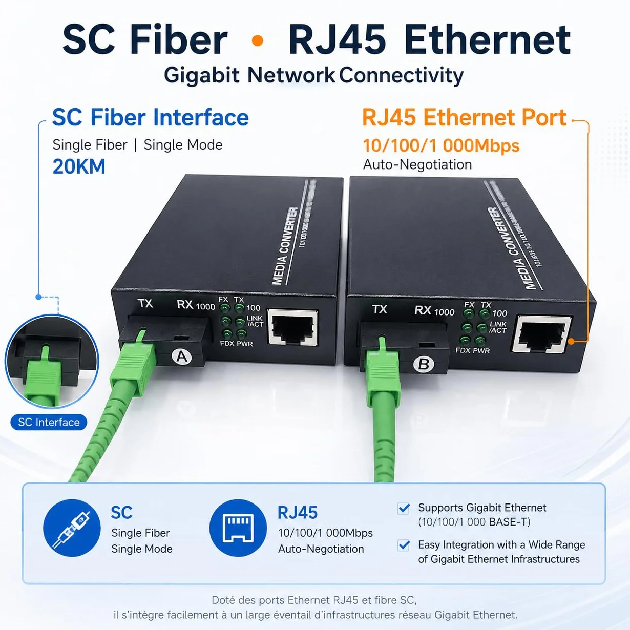 Elfcam - 2 x konwertery światłowodowe Ethernet na 10/100/1000M ze złączami światłowodowymi SC jednomodowe, 20 km (1 RJ45 x 1 RJ45)