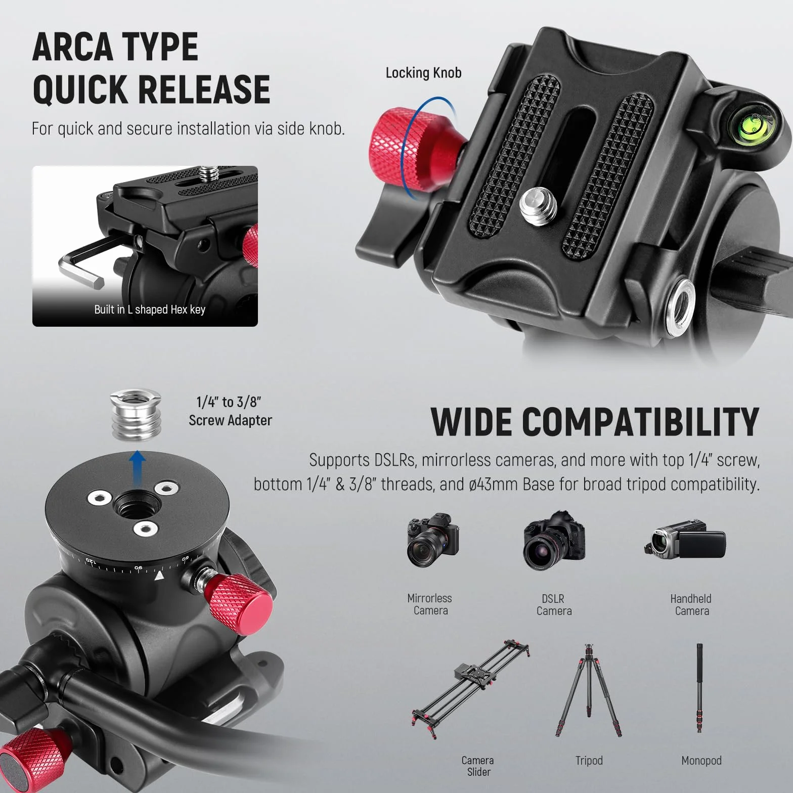NEEWER Płynna głowica statywu Arca Quick Release, panoramiczna głowica uchylna ze stopu aluminium, ø43 mm, maksymalne obciążenie 3 kg