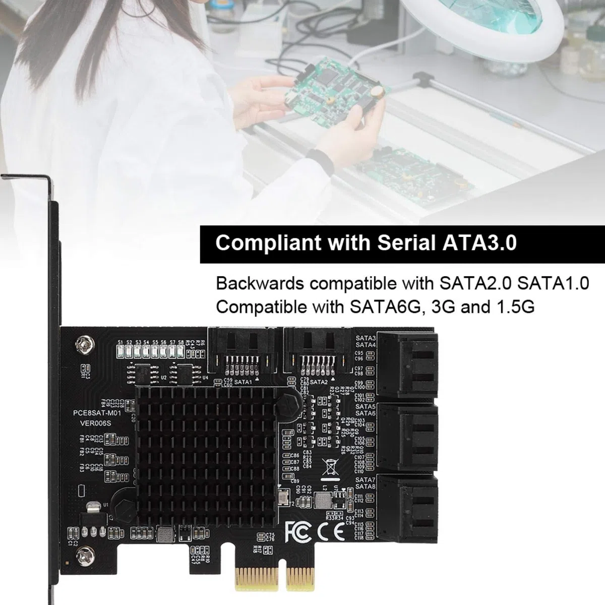ASHATA Karta PCIE SATA, karta rozszerzeń kontrolera PCI-E do SATA3.0, 8-portowa karta rozszerzeń interfejsu SATA3.0, karta adaptera PCI-E SATA pasuje do 7/8/XP/10