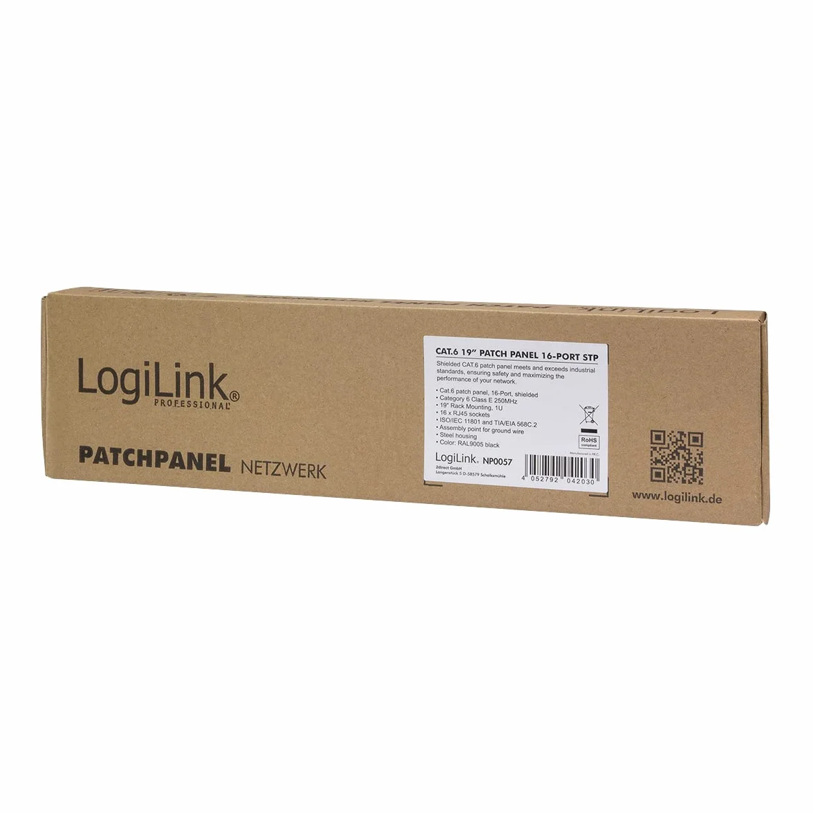 LogiLink Professional EconLine Cat.6 (250 MHz) panel krosowy - panel rozdzielczy, 19", STP (ekranowany) 16-portowy (RJ45), NP0057, czarny