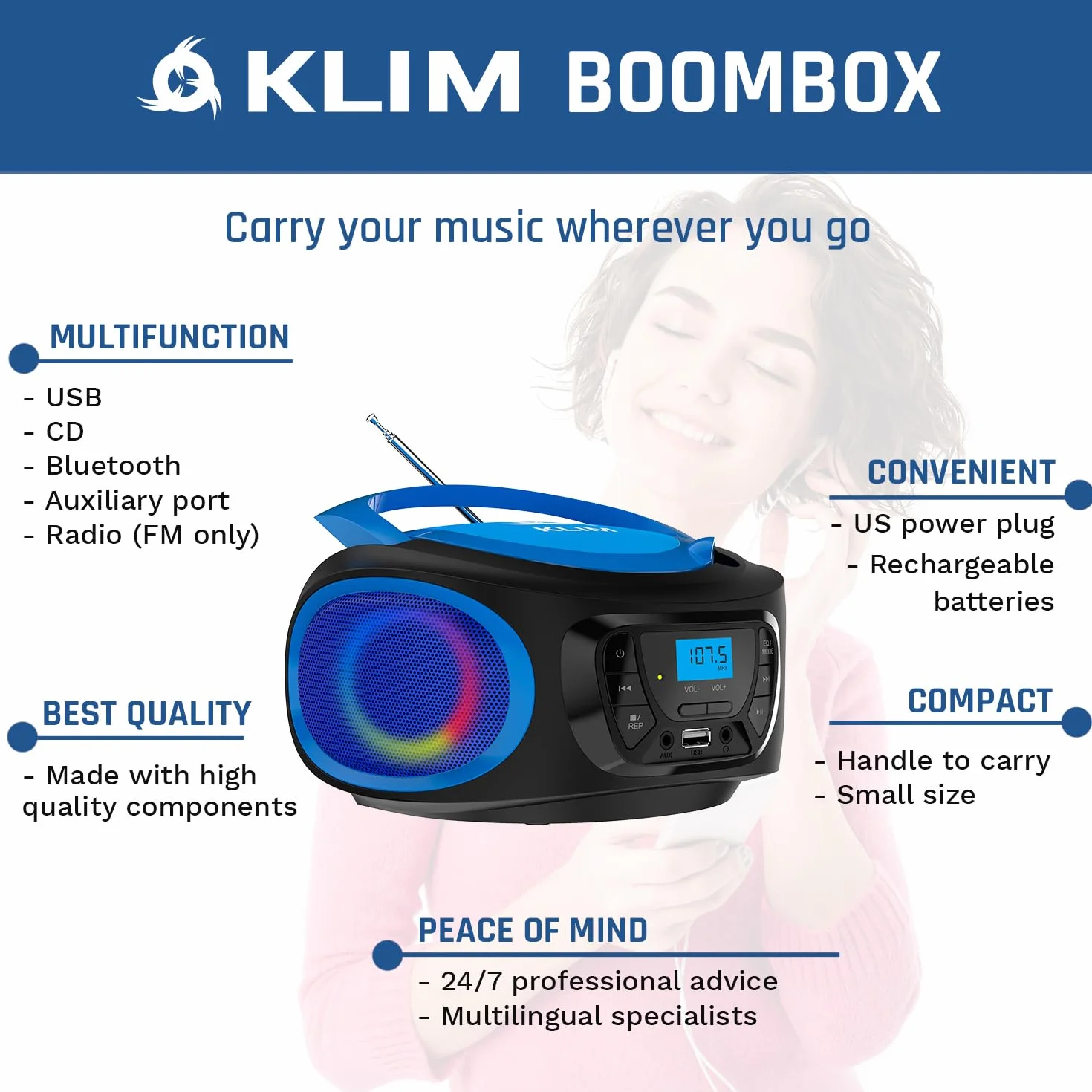 KLIM Boombox Radio CD. Radio FM, CD Bluetooth, MP3, USB, AUX + baterie do ładowania, tryby przewodowe i bezprzewodowe + kompaktowy i wytrzymały + nowa wersja 2022 + niebieski