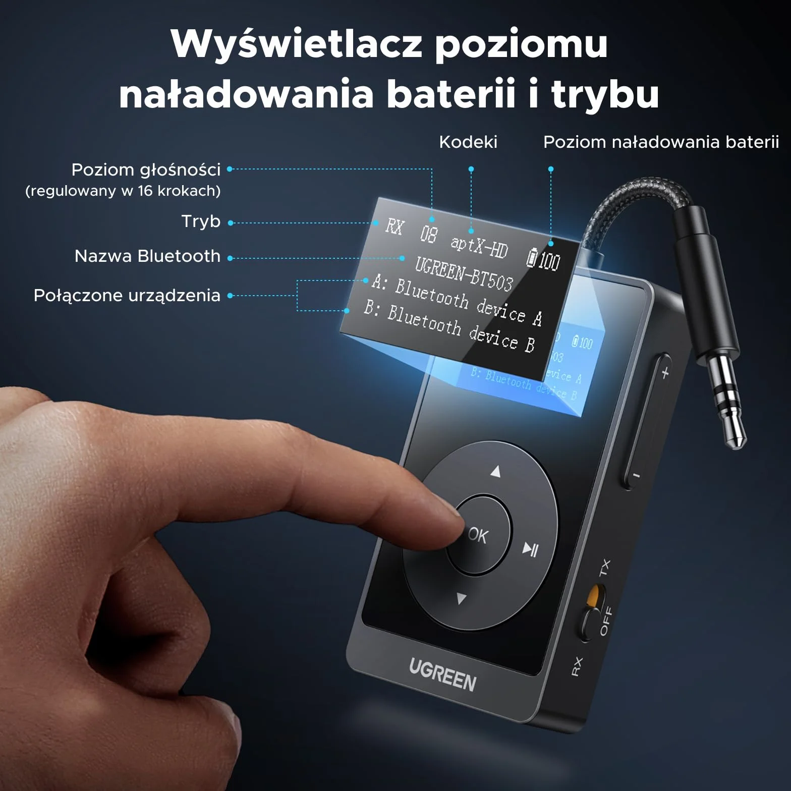 UGREEN aptX AD-HQ Bluetooth Transmitter Jack Adapter Bluetooth ze wskaźnikiem LED dla 2 słuchawek Airpods,nadajnik-odbiornik kompatybilny z TV,samolotem,samochodem,32-godzinna żywotność baterii