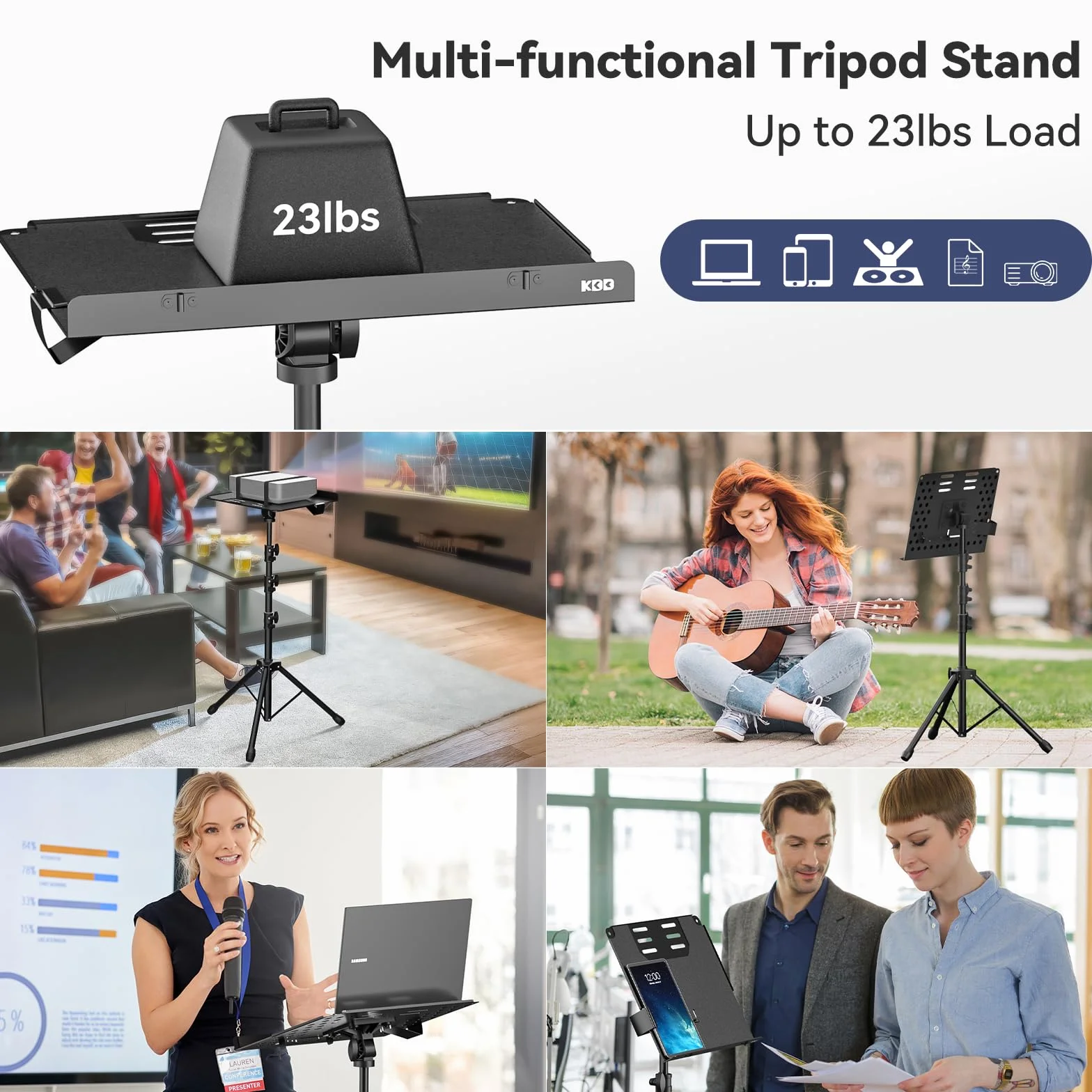 Statyw do Projektora KDD - Statyw Muzyczny 4 w 1 ze Sprężynowym Ramieniem Składany Stojak Podłogowy na Laptopa, Uchwyt na Tablet z Przesuwaną Dźwignią, Regulowana Wysokość od 23" do 63" i Obrót o 180°