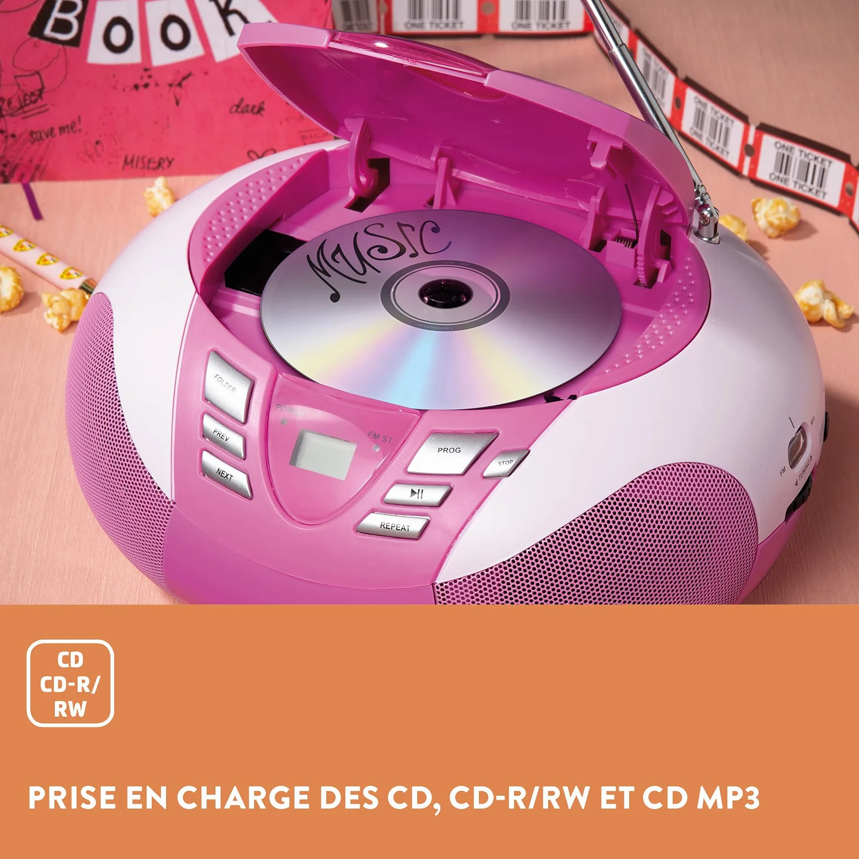 Lenco SCD-37 – odtwarzacz CD dla dzieci – radio CD – wieża stereo – Boombox – tuner radiowy UKW – złącze USB – MP3 – 2 x 1,5 W moc RMS – zasilanie sieciowe i bateryjne – różowy