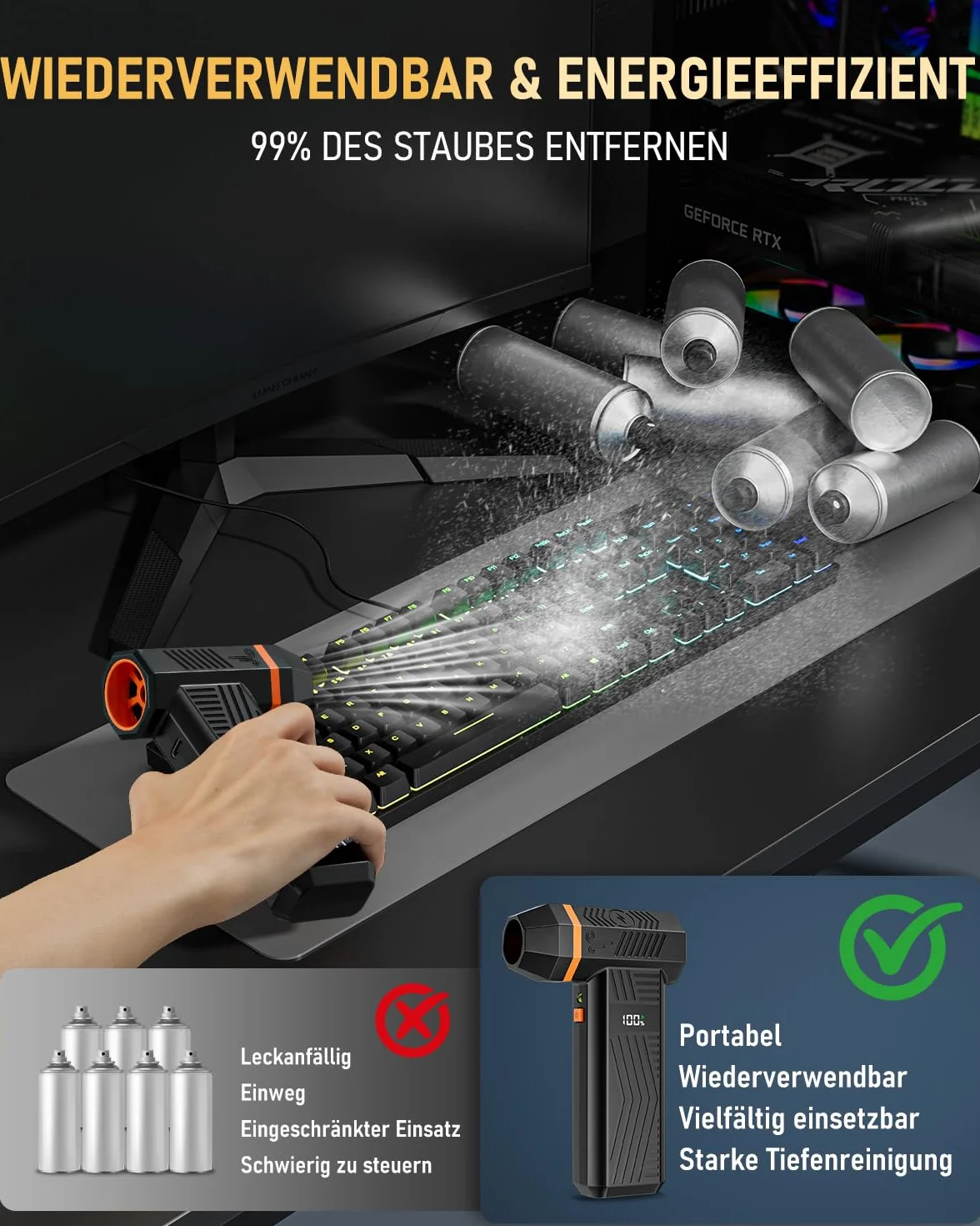 Elektryczna dmuchawa do kurzu, GLAM Air Duster, akumulator 4-stopniowy 150000 obr./min, sprężone powietrze do czyszczenia elektroniki, klawiatury, komputera, samochodu i sofy