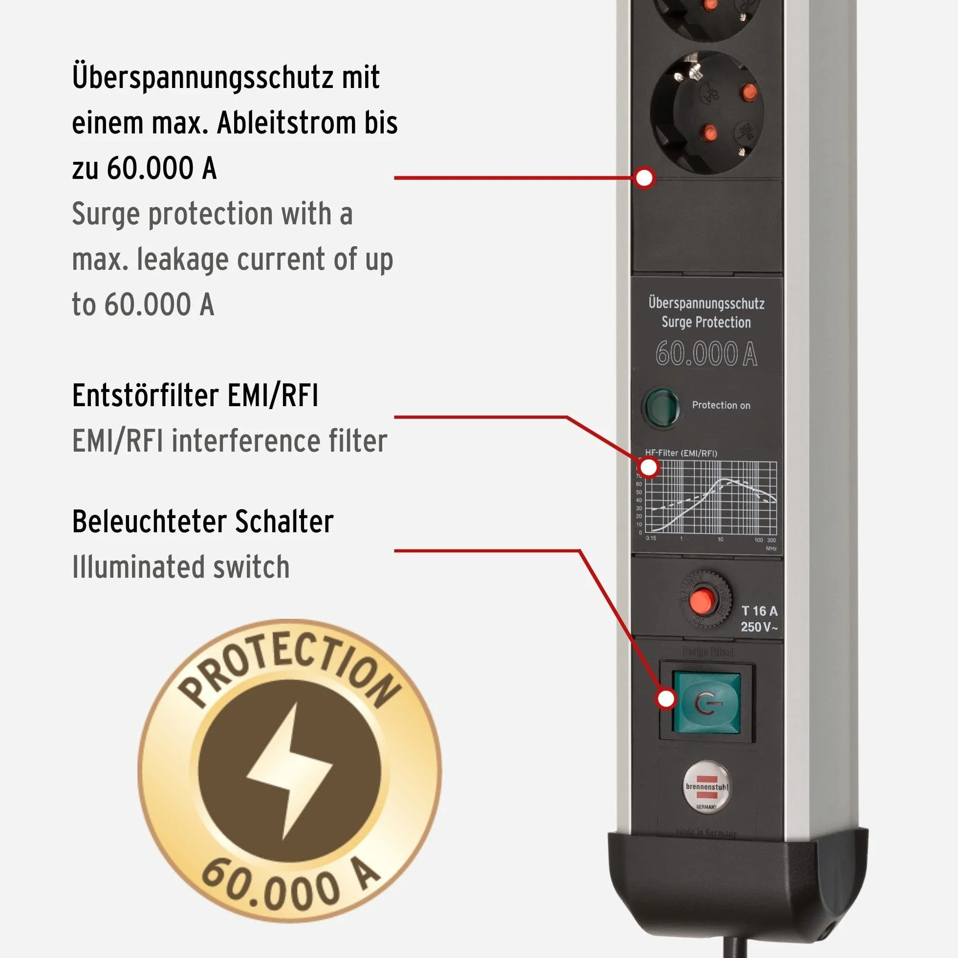 Brennenstuhl Premium Protect-Line listwa zasilająca 8 gniazd ochroną przepięciem 60 000 A kabel 3 m srebrna czarna