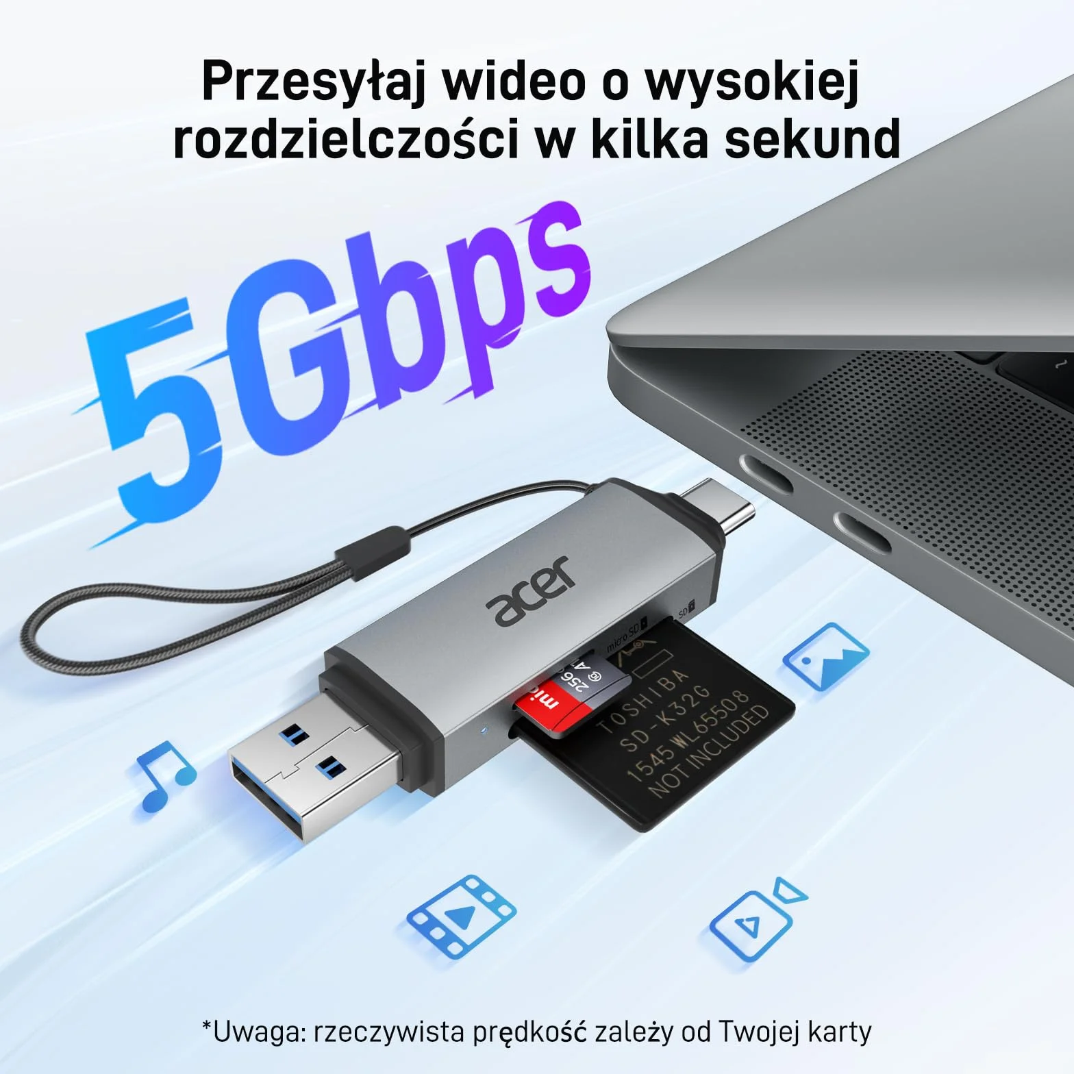 acer Czytnik kart SD, adapter czytnika kart pamięci USB C i USB 3.0 obsługuje SD/Micro SD/SDHC/SDXC/MMC, kompatybilny z iPhone 15 Pro, MacBook Pro/Air, iPad Pro 2021, Galaxy S22, Pixel, XPS 13 itp.