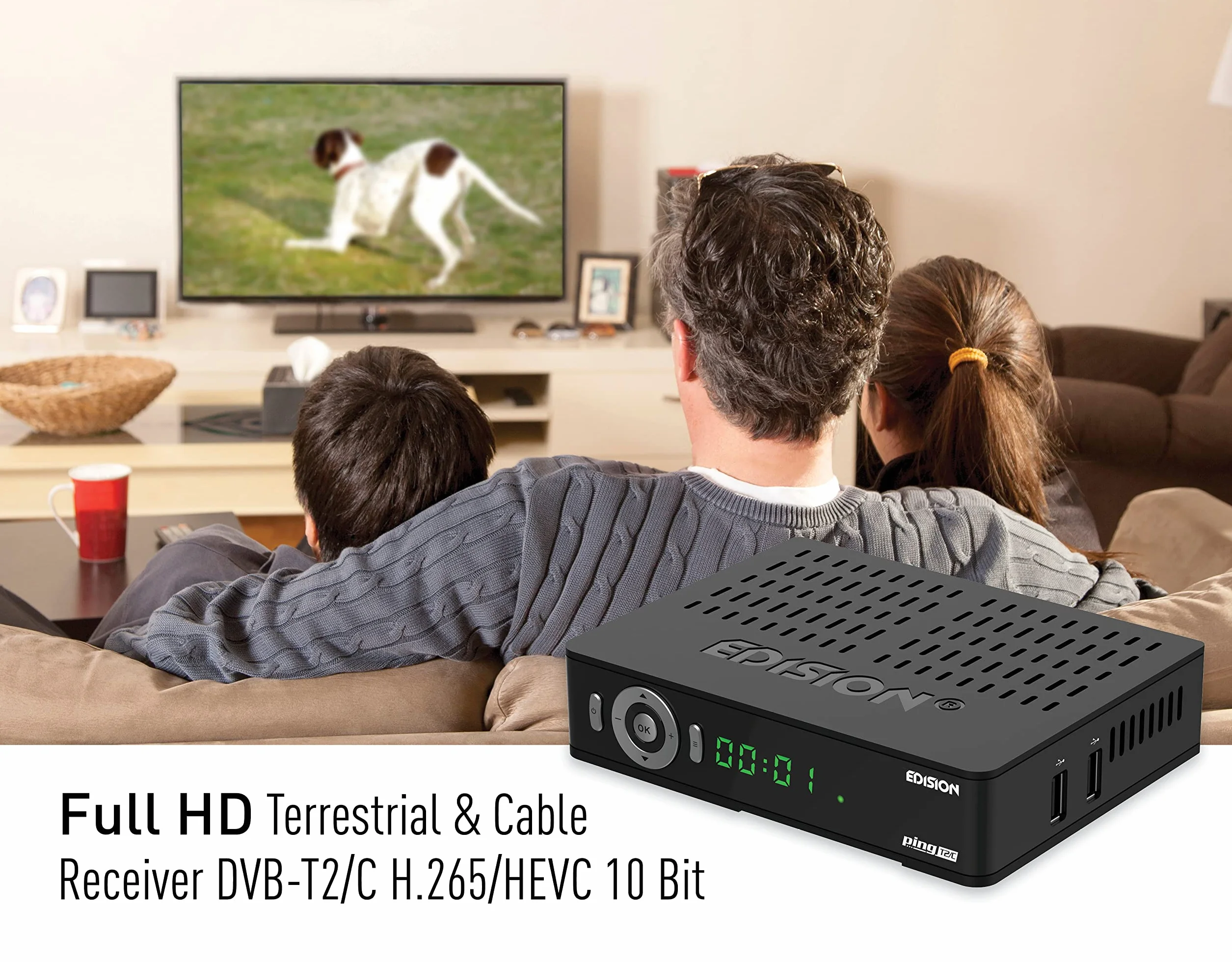 Dekoder dvb-t2 hevc EDISION PING T2/C naziemnej i kablowy Odbiornik, DVB-T2/C H.265, Czytnik kart, Full HD, PVR, 2x USB, HDMI, SCART, LAN, S/PDIF, RS232, IR, Obsługa USB WiFi, Uni. pilot 2w1, Czarny