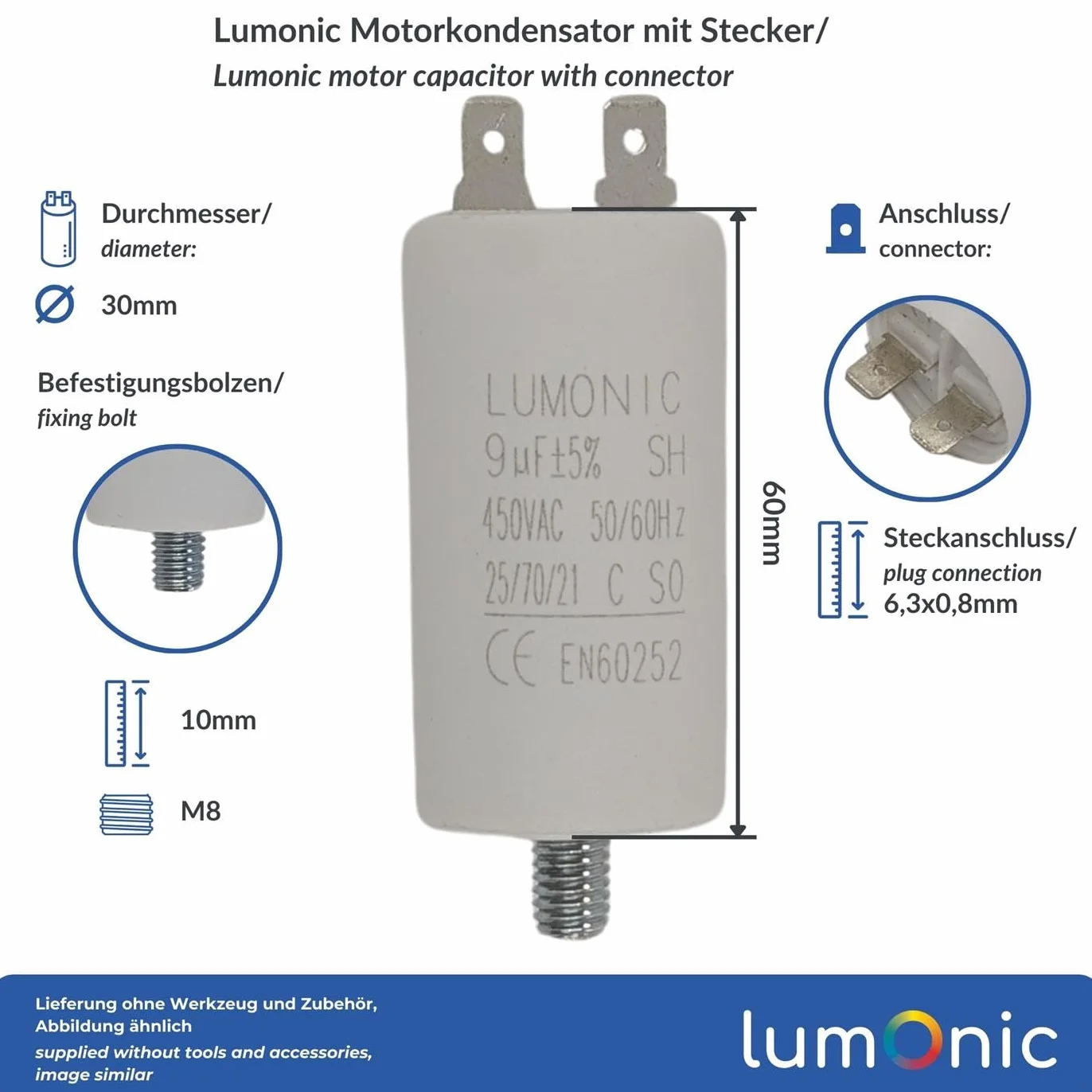 Lumonic Kondensator rozruchowy 9µF 450V | z WtyczkaX I 30x60mm I 9uF I Kondensator silnikowy z plastikowa obudowa I Kondensator operacyjny I do pomp, kosiarek, narzedzi