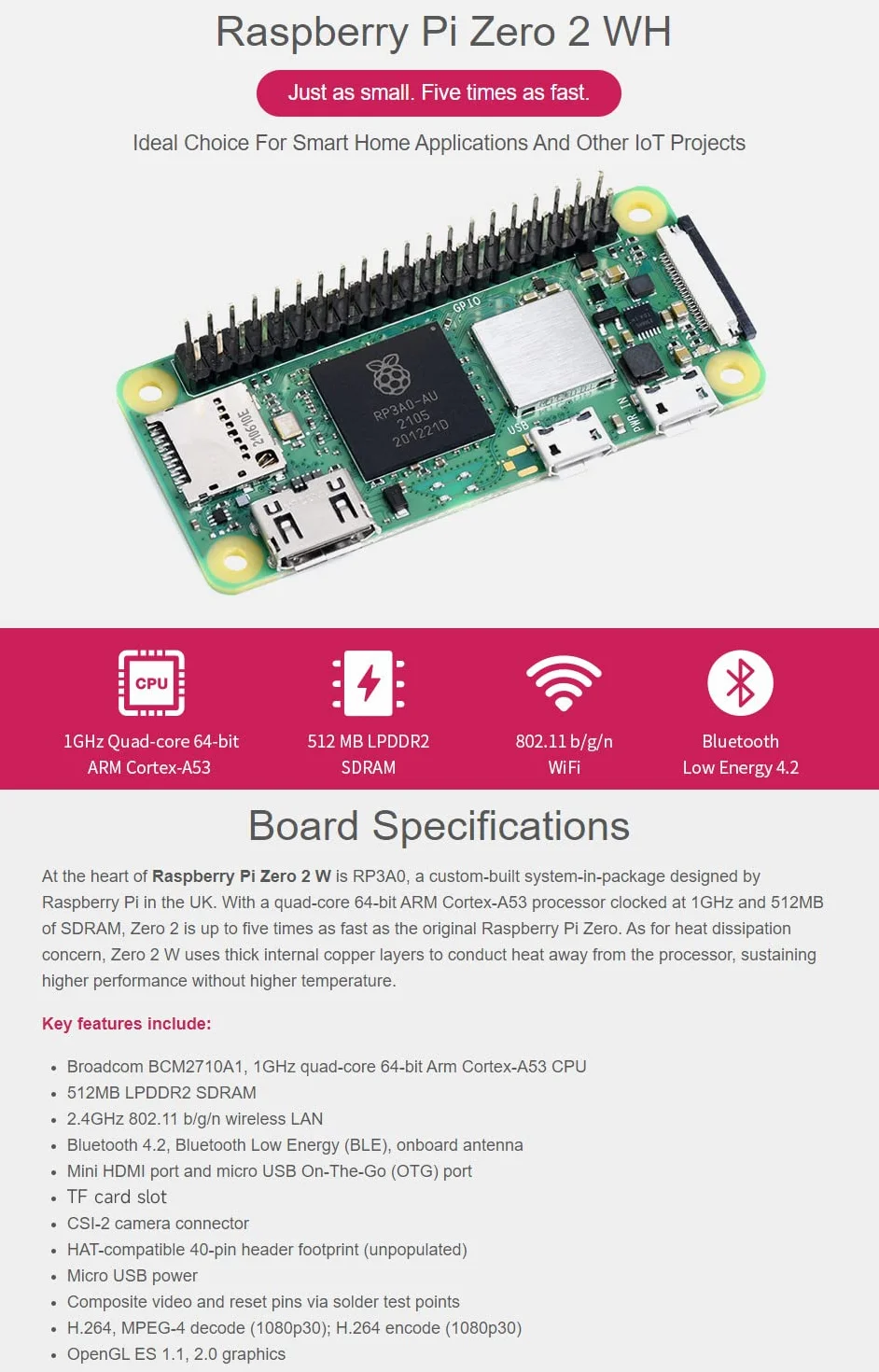 Waveshare Retrofited Raspberry Pi Zero 2 W, 5 Times Faster 1GHz Quad-Core Arm Cortex-A53 CPU with WiFi Bluetooth 4.2 BLE with Pre-Solder Black Pinheader