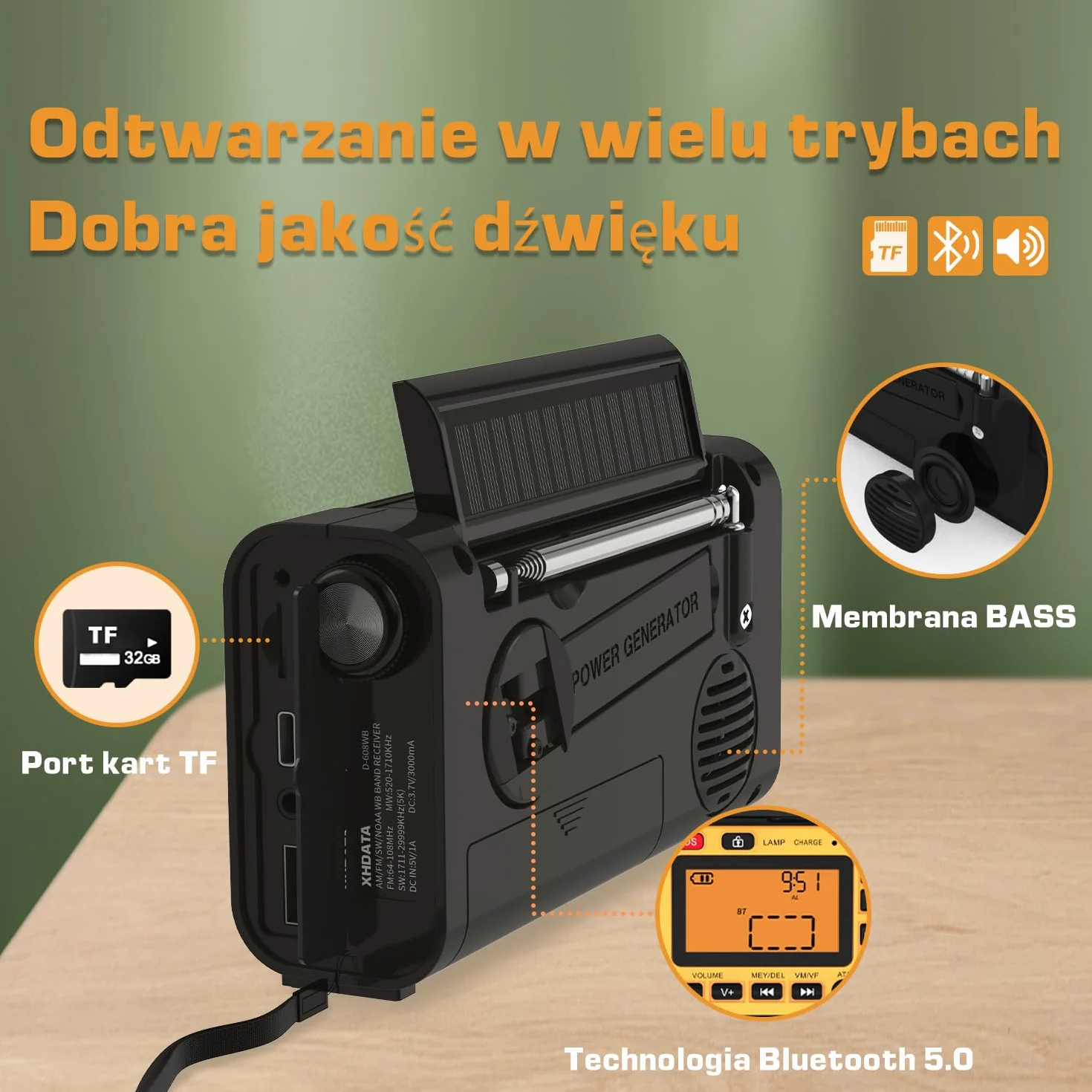 XHDATA D608WB - przenośne radio awaryjne zasilane energią słoneczną, akumulator 3000 mAh, ładowanie USB, Bluetooth, 3 tryby latarki i światła do czytania