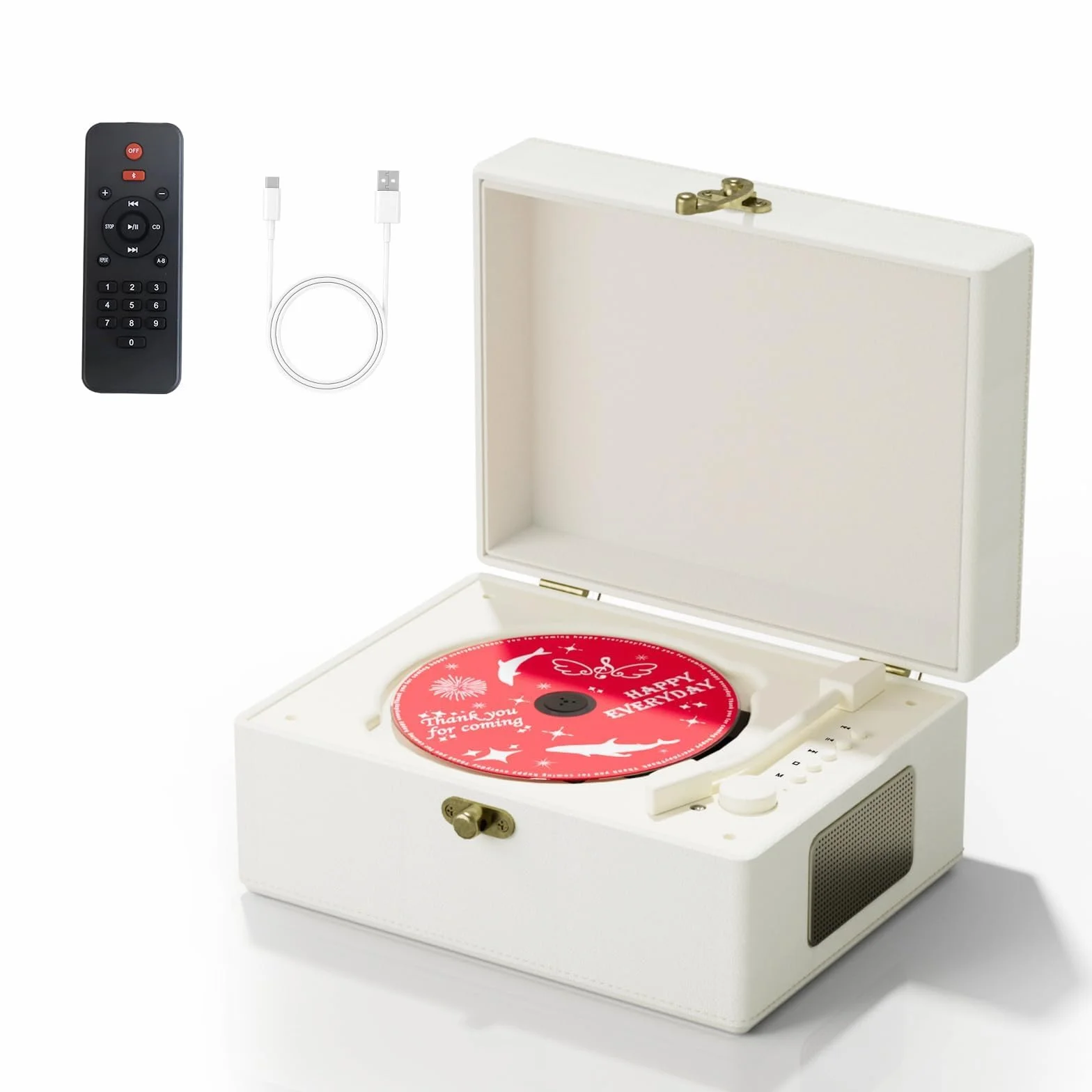 Yintiny Ładowalny skórzany odtwarzacz CD z głośnikami, nadajnik Bluetooth, prezent festiwalowy, odtwarzacz BGM do dekoracji wnętrz, biały