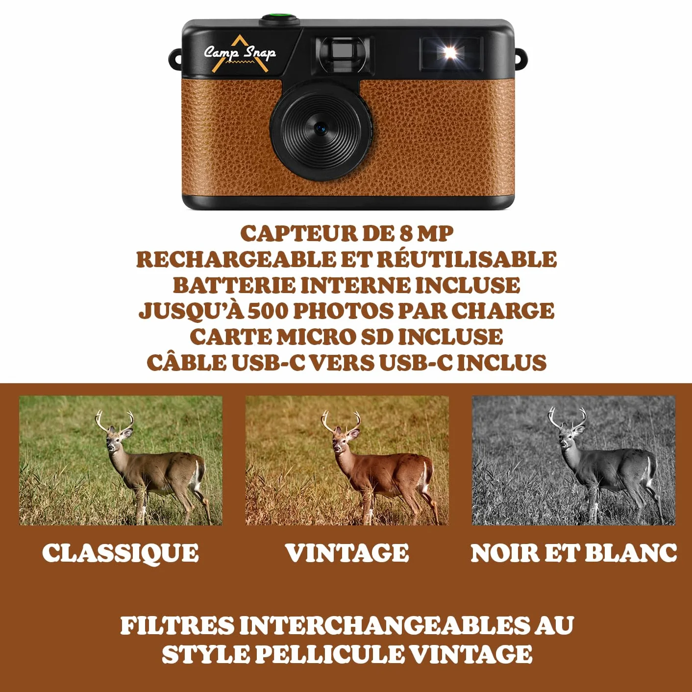 CampSnap Kompaktowy aparat cyfrowy bez wyświetlacza - pamięć na 2000 zdjęć - 10 m pikseli - akumulator - Vintage - brązowy