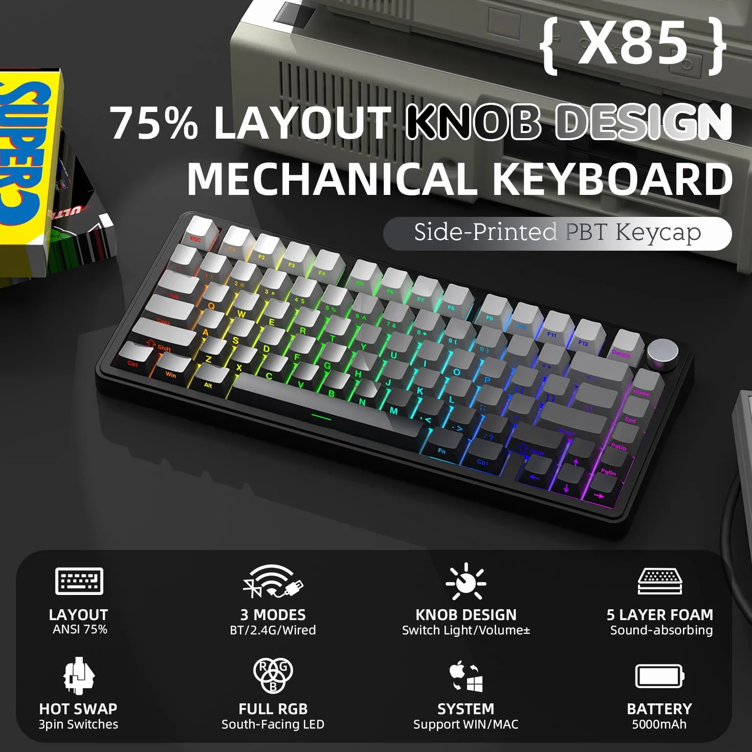 A.JAZZ x ATTACK SHARK X85 Klawiatura Mechaniczna z Uszczelką,Bezprzewodowa Klawiatura do Gier 75% z Knob,5-Layer Padding,PBT Side-Printed Keycap,BT/2.4 Ghz/USB-C,Hot-Swap Linear Switch,RGB,na PC,MAC